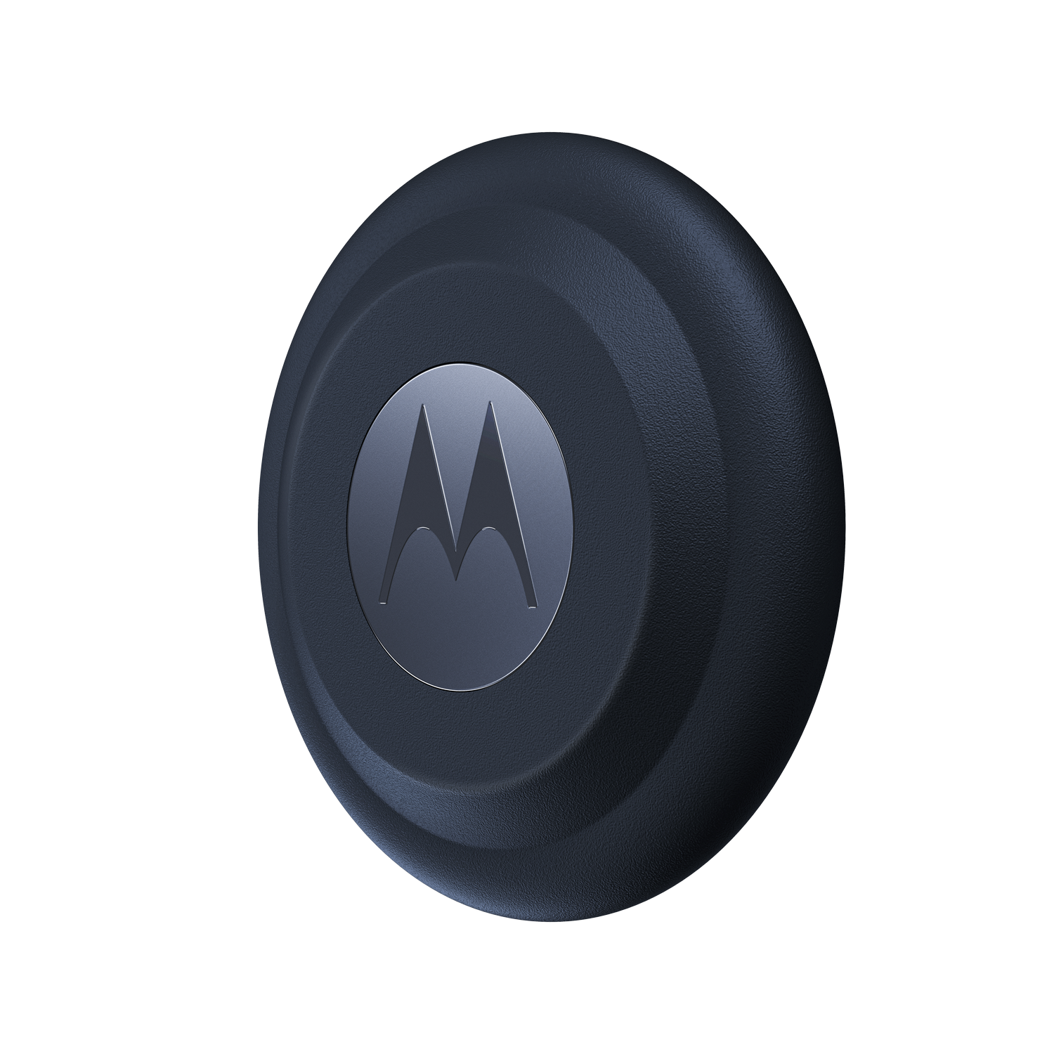 Logotipo Motorola gris oscuro sobre superficie redonda y texturizada.