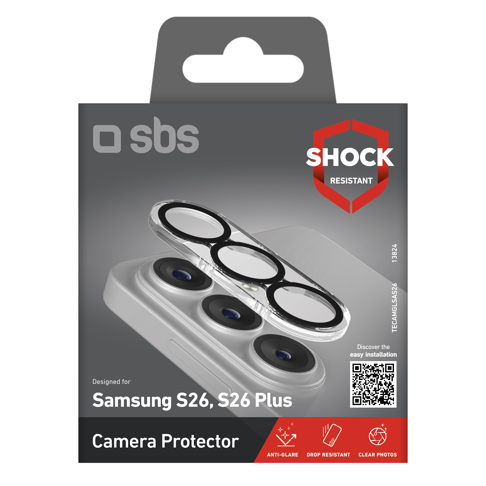 Verpackung für Samsung S26/S26 Plus Kameraschutz mit "Shock Resistant" Hinweis.