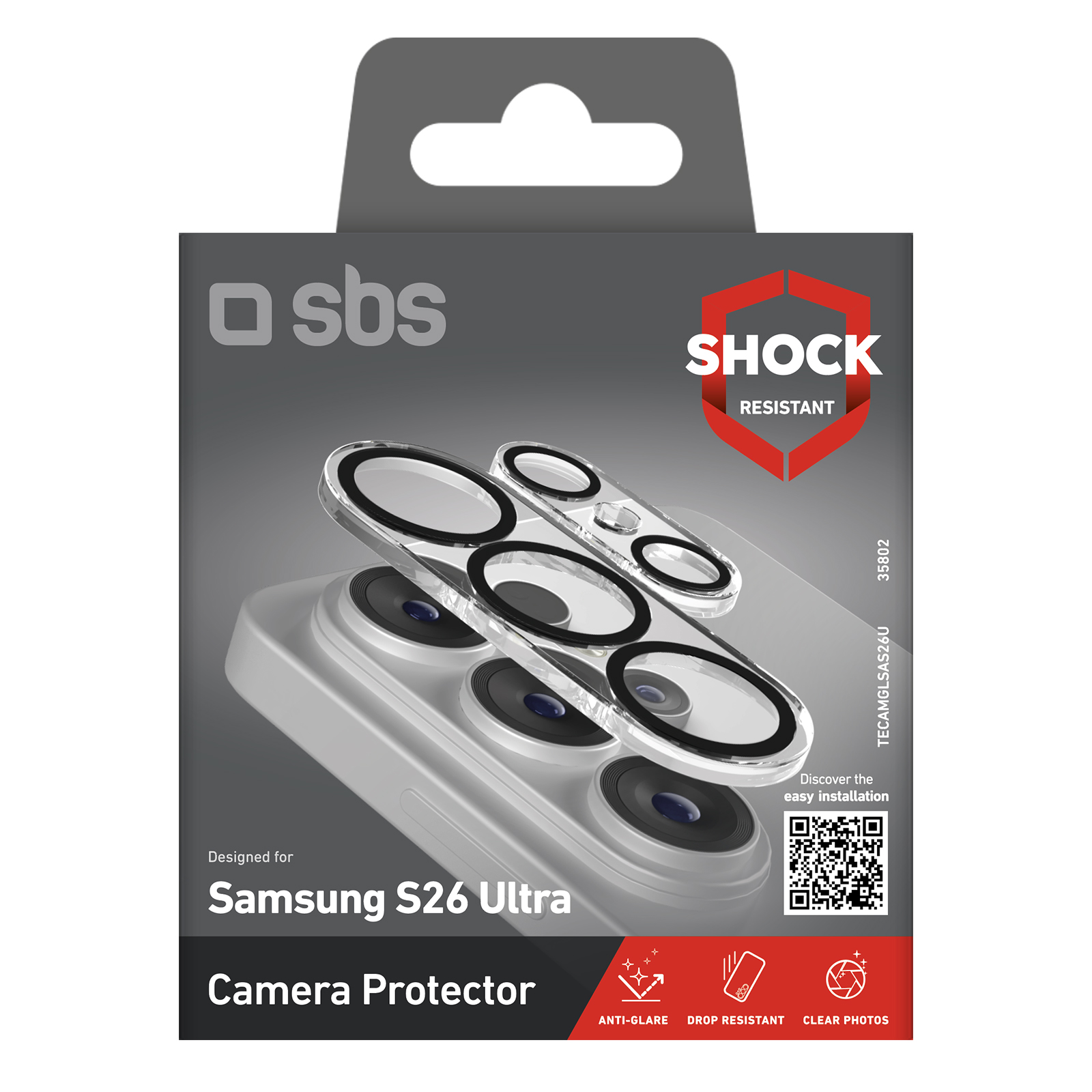 Verpackung für Samsung S26 Ultra Kameraschutz mit "Shock Resistant"-Logo.