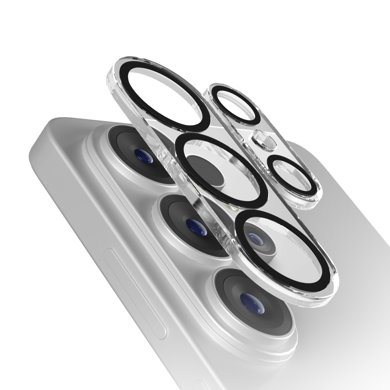 Silbernes Smartphone mit dreifacher Kamera und Schutzhülle.