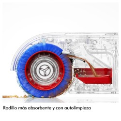 Un cepillo azul y absorbente con borde rojo recoge líquido.