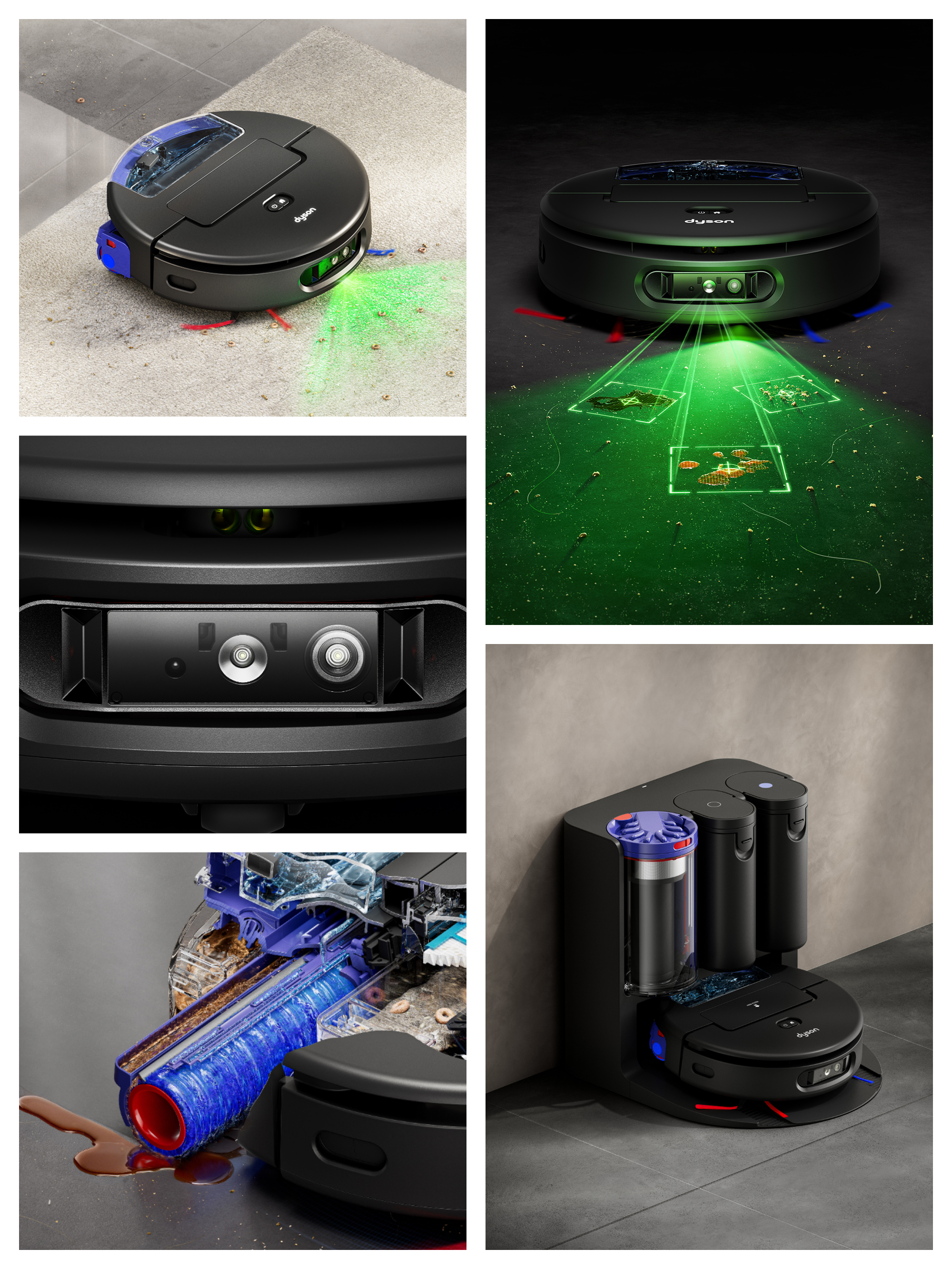 Aspiradora robot Dyson negra con láseres verdes detectando suciedad en alfombra y suelo.