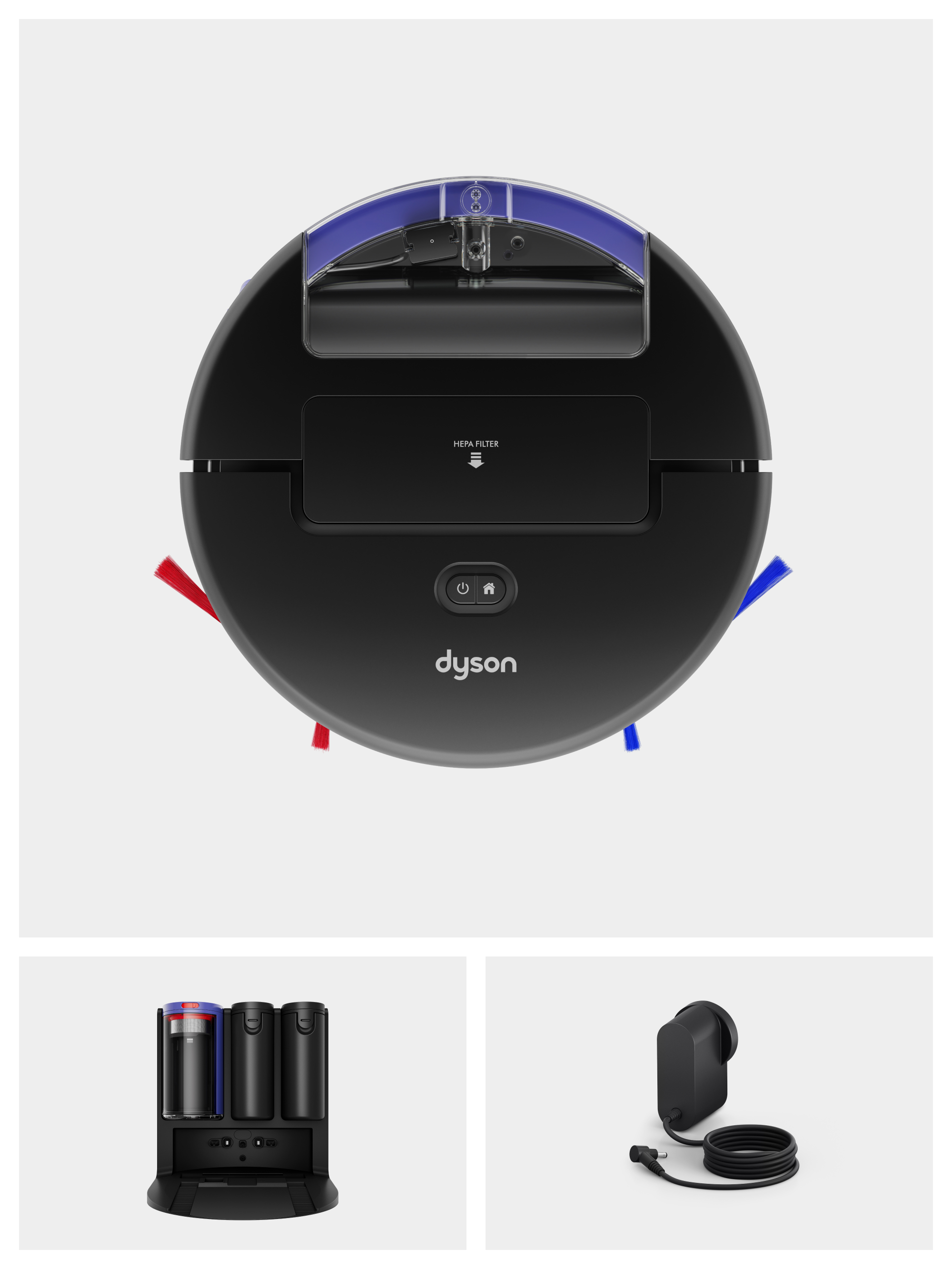 Aspiradora robot Dyson negra con cepillos laterales azules y rojos sobre fondo gris.
