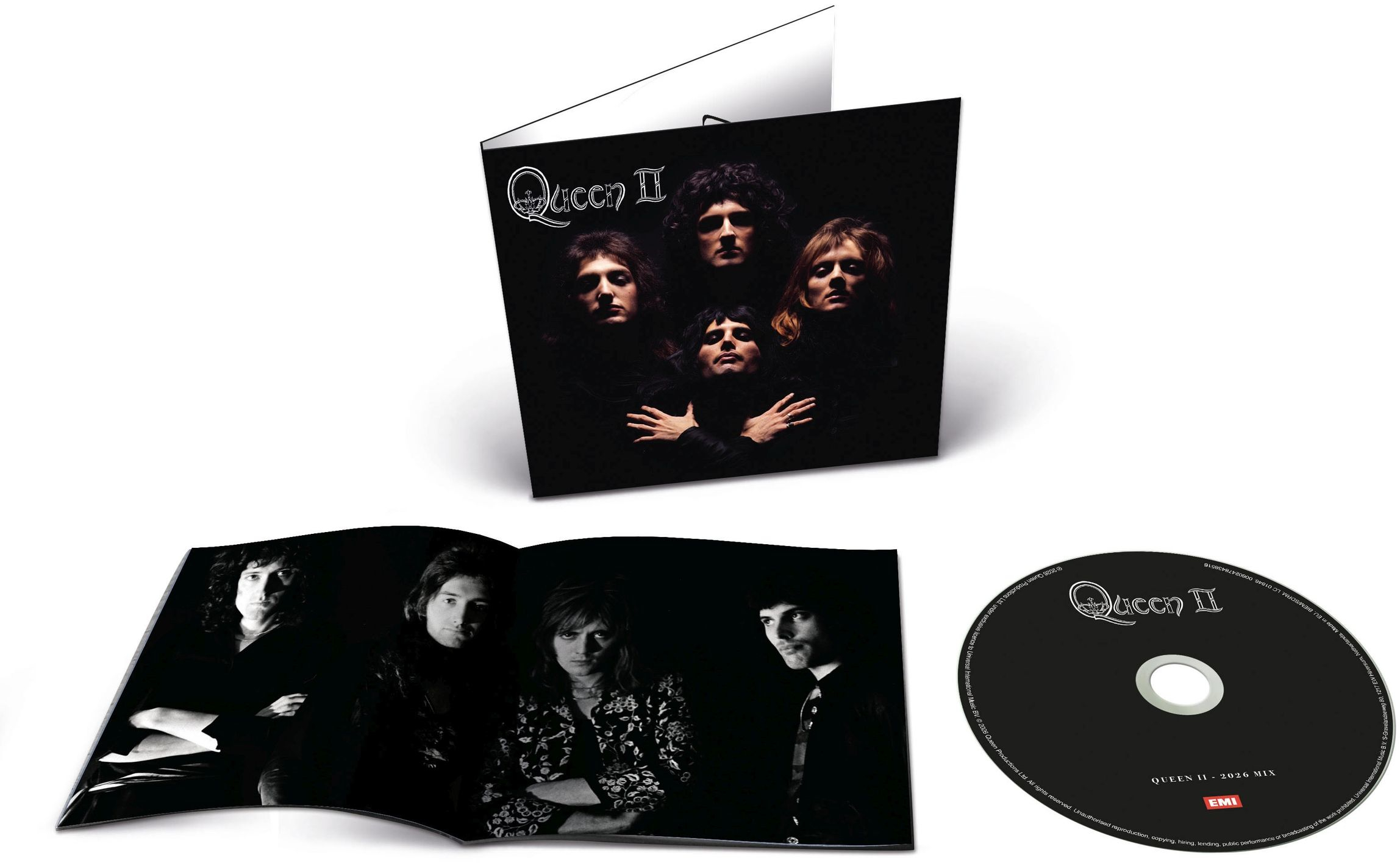 Queen II album borító CD-vel. A zenekar tagjai sötétben láthatók.