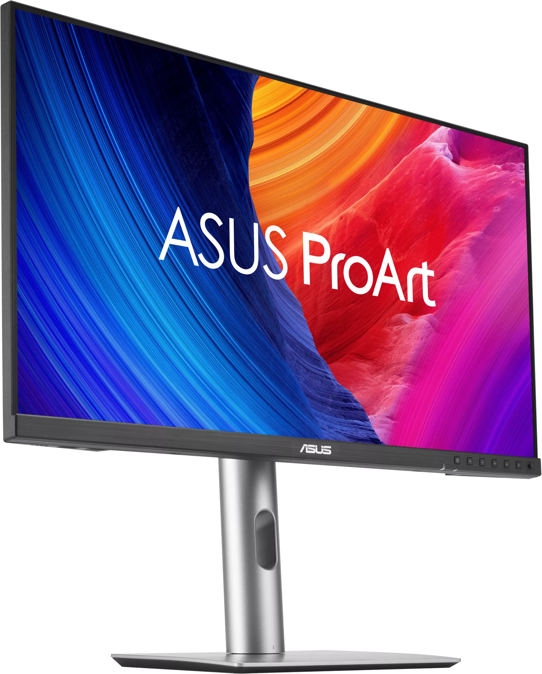 Ezüst monitorállvány tart fekete monitort színes ASUS grafikával.