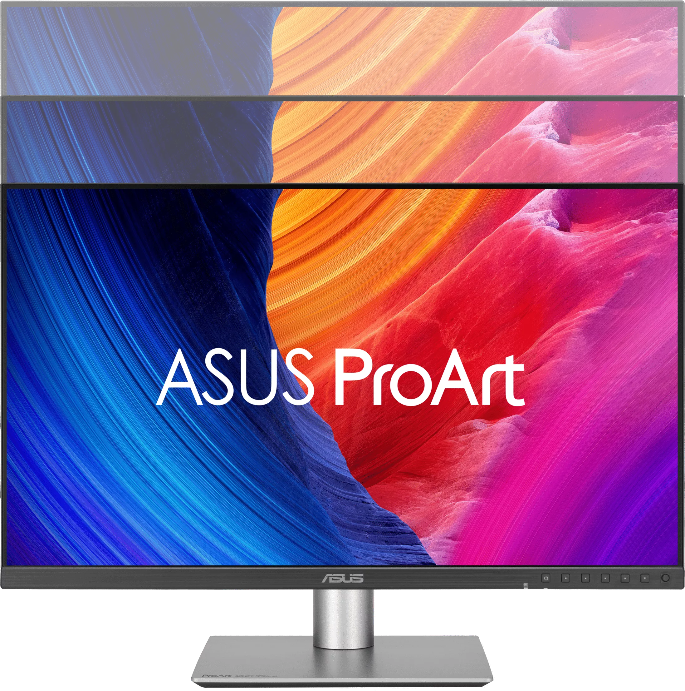 Egy ASUS ProArt monitor absztrakt kék, narancssárga és piros csíkos háttérképet jelenít meg.