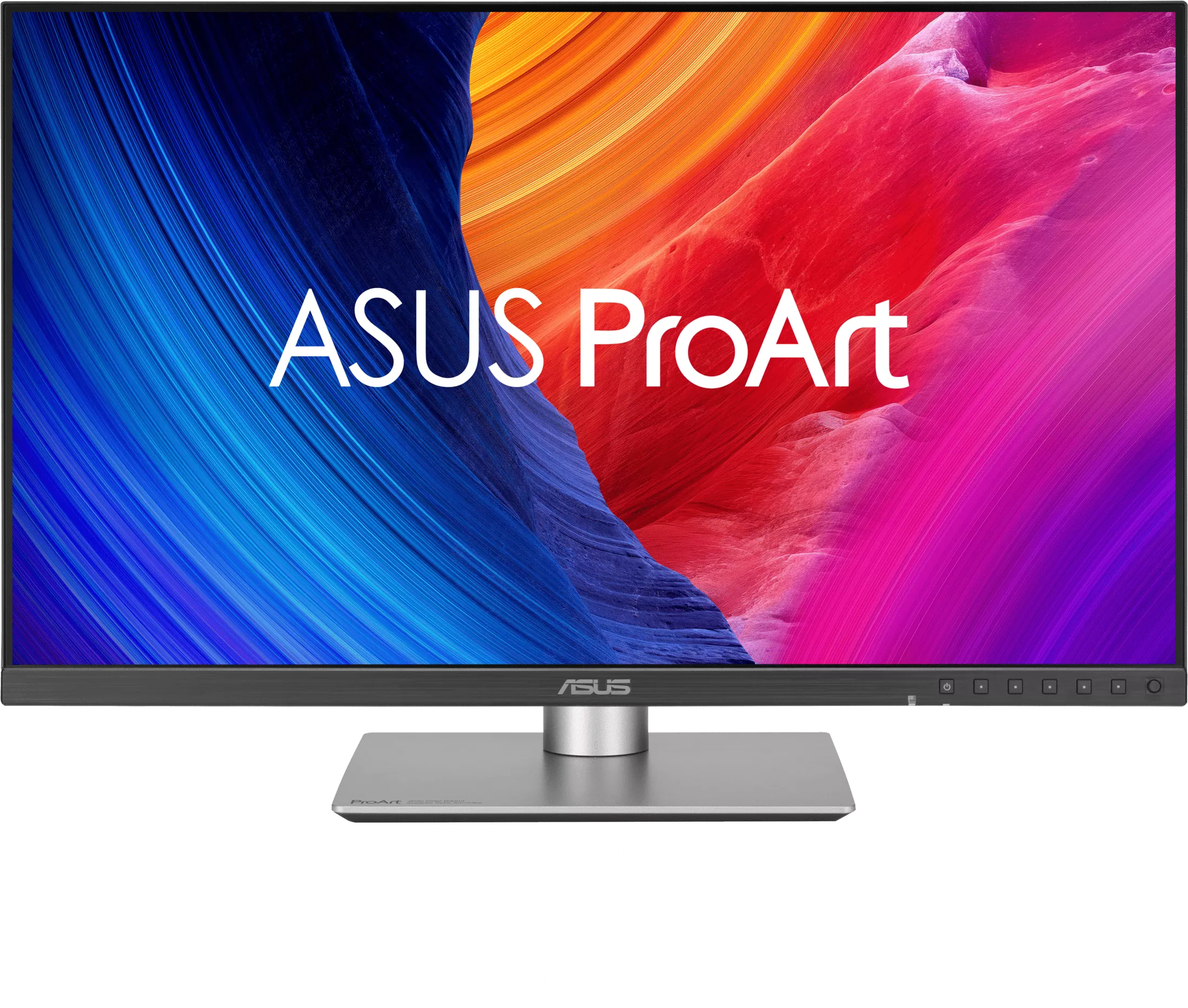 Egy Asus ProArt monitor színes, absztrakt háttérrel.