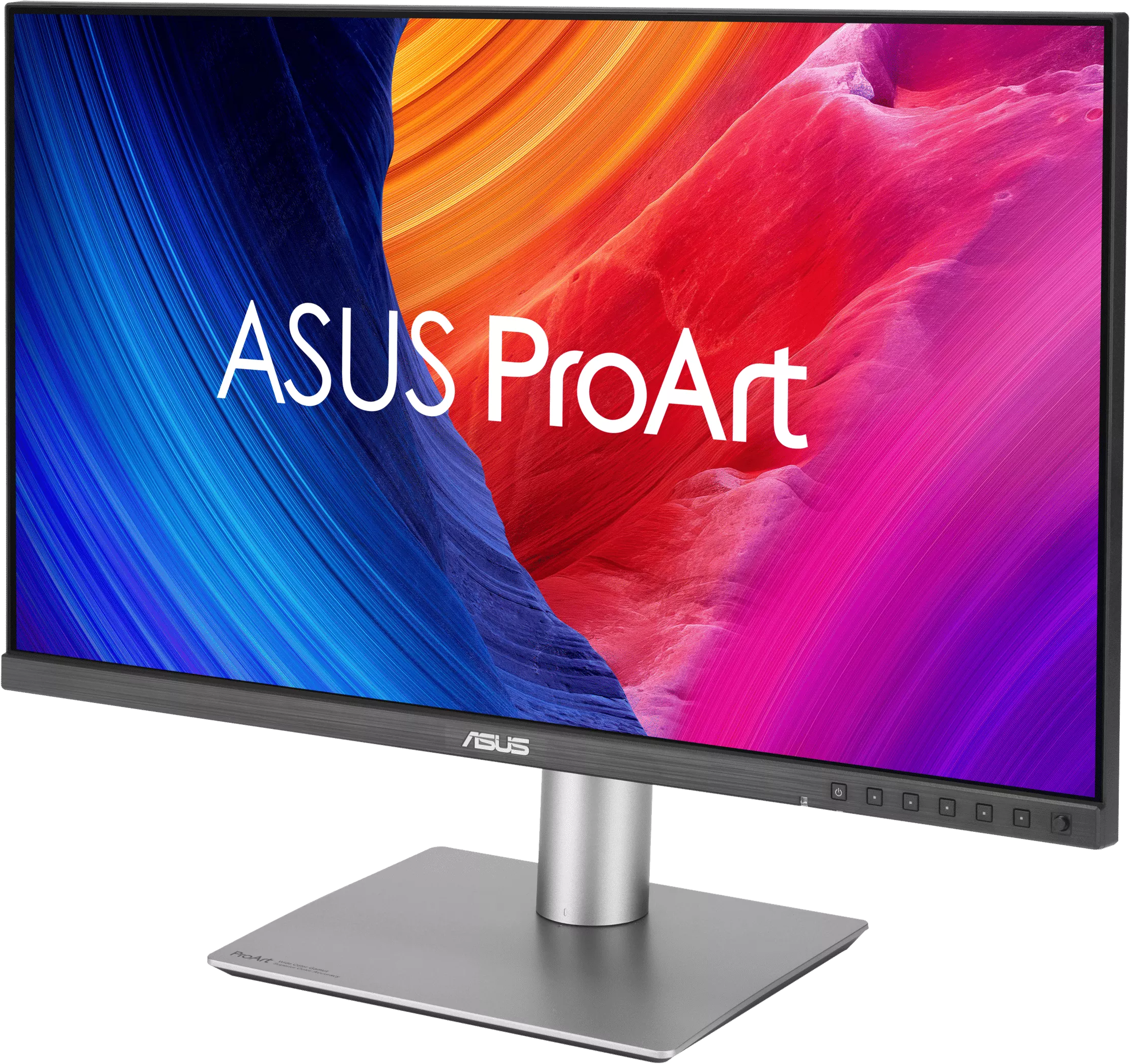 Egy Asus ProArt monitor élénk kék és rózsaszín absztrakt háttérrel.