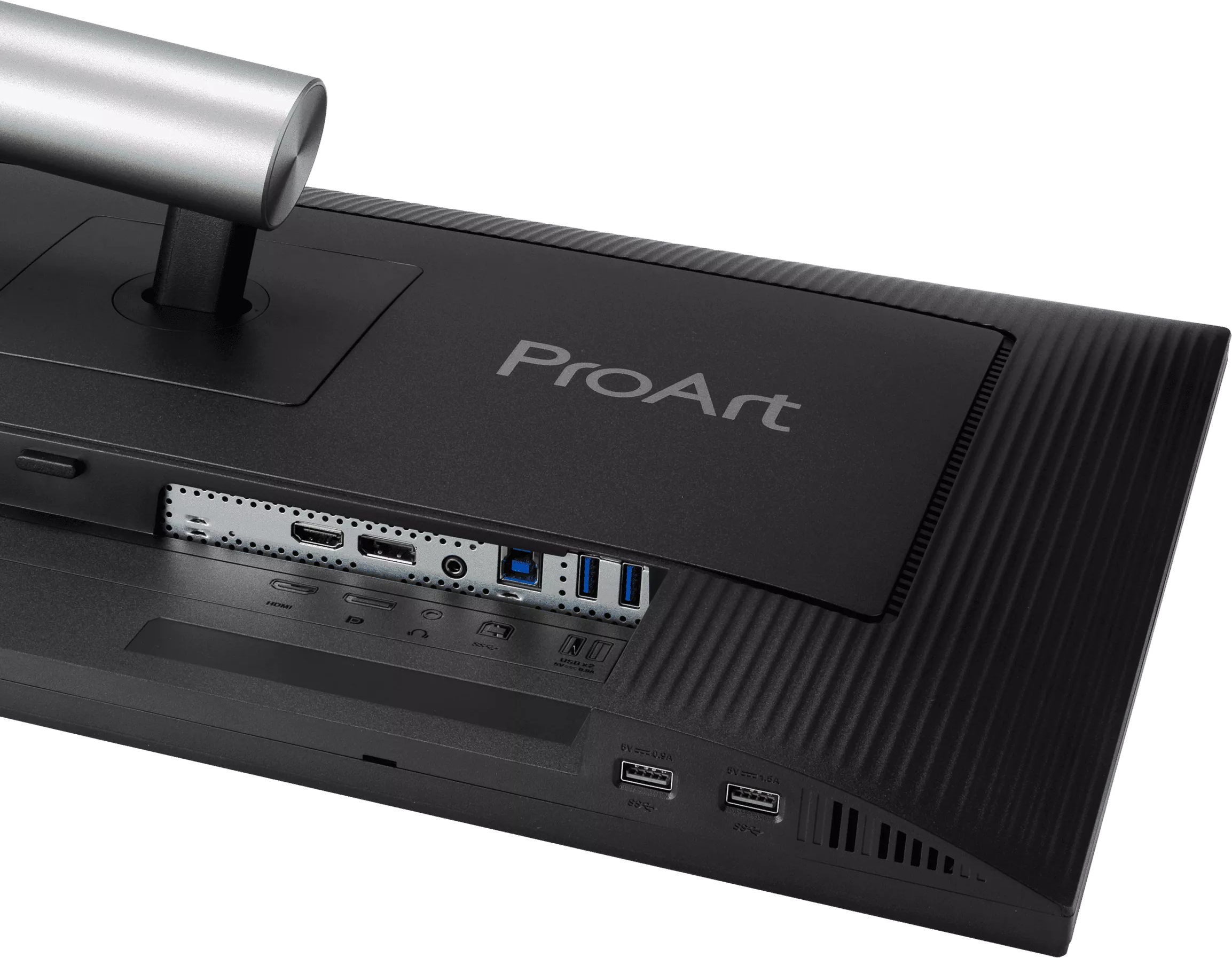 Fekete monitor hátoldala, csatlakozókkal: HDMI, USB-A, USB-C és audio.