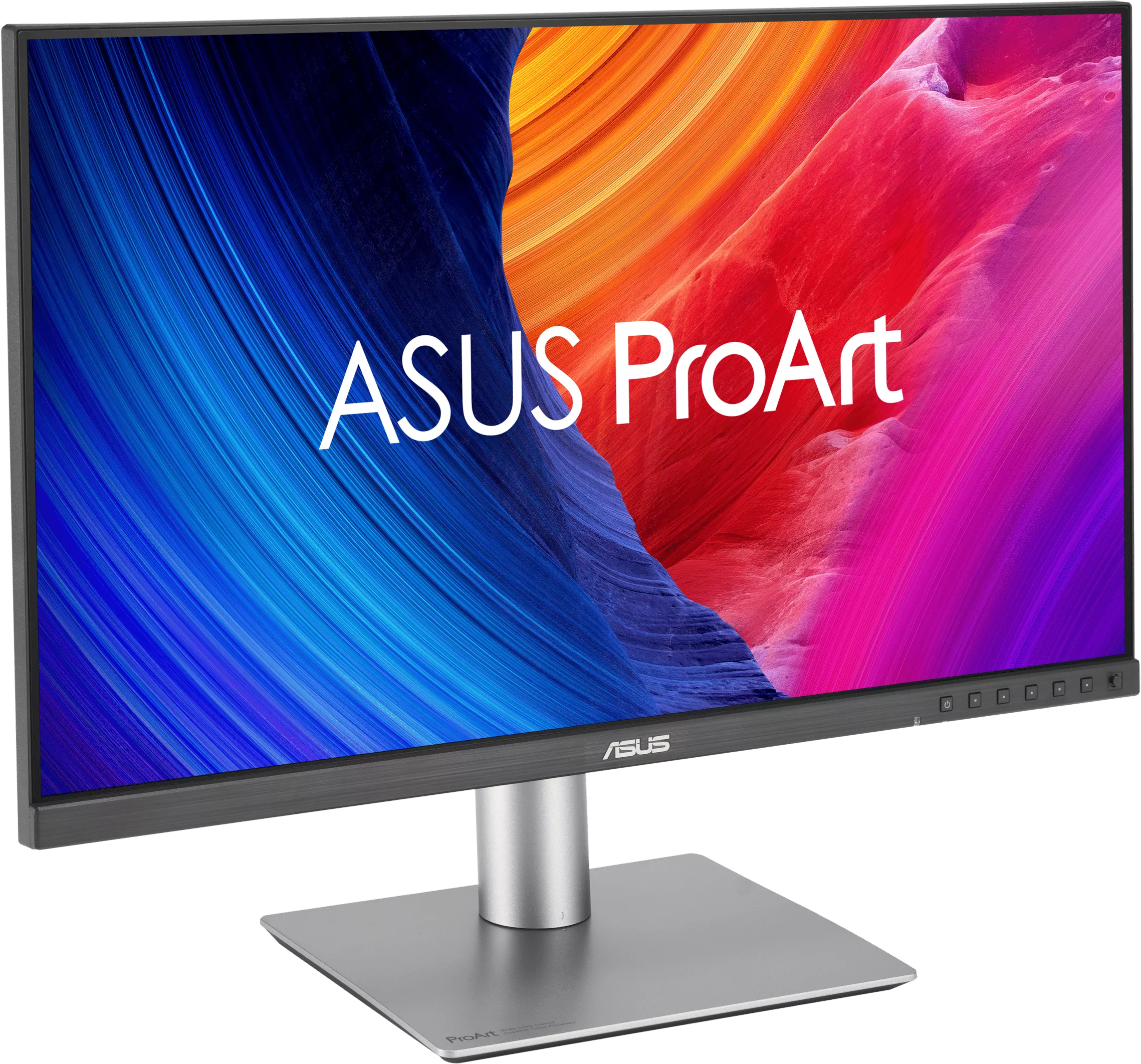 Egy ASUS ProArt monitor kék, piros és lila színű absztrakt háttérrel.