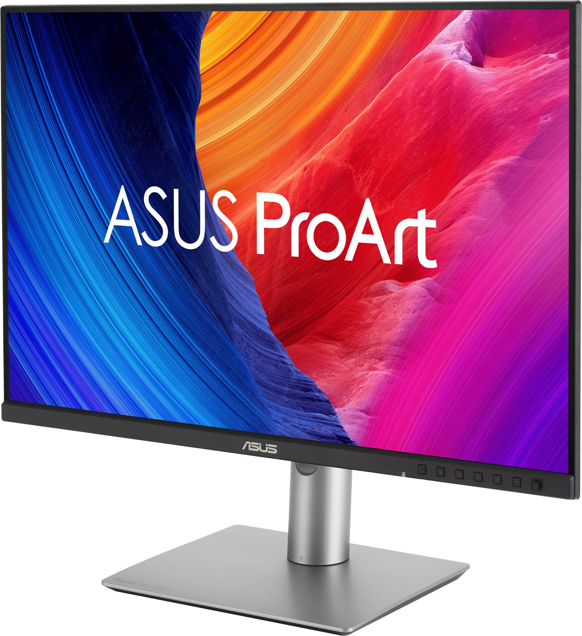 Egy ASUS ProArt monitor élénk absztrakt háttérrel és ezüst állvánnyal.