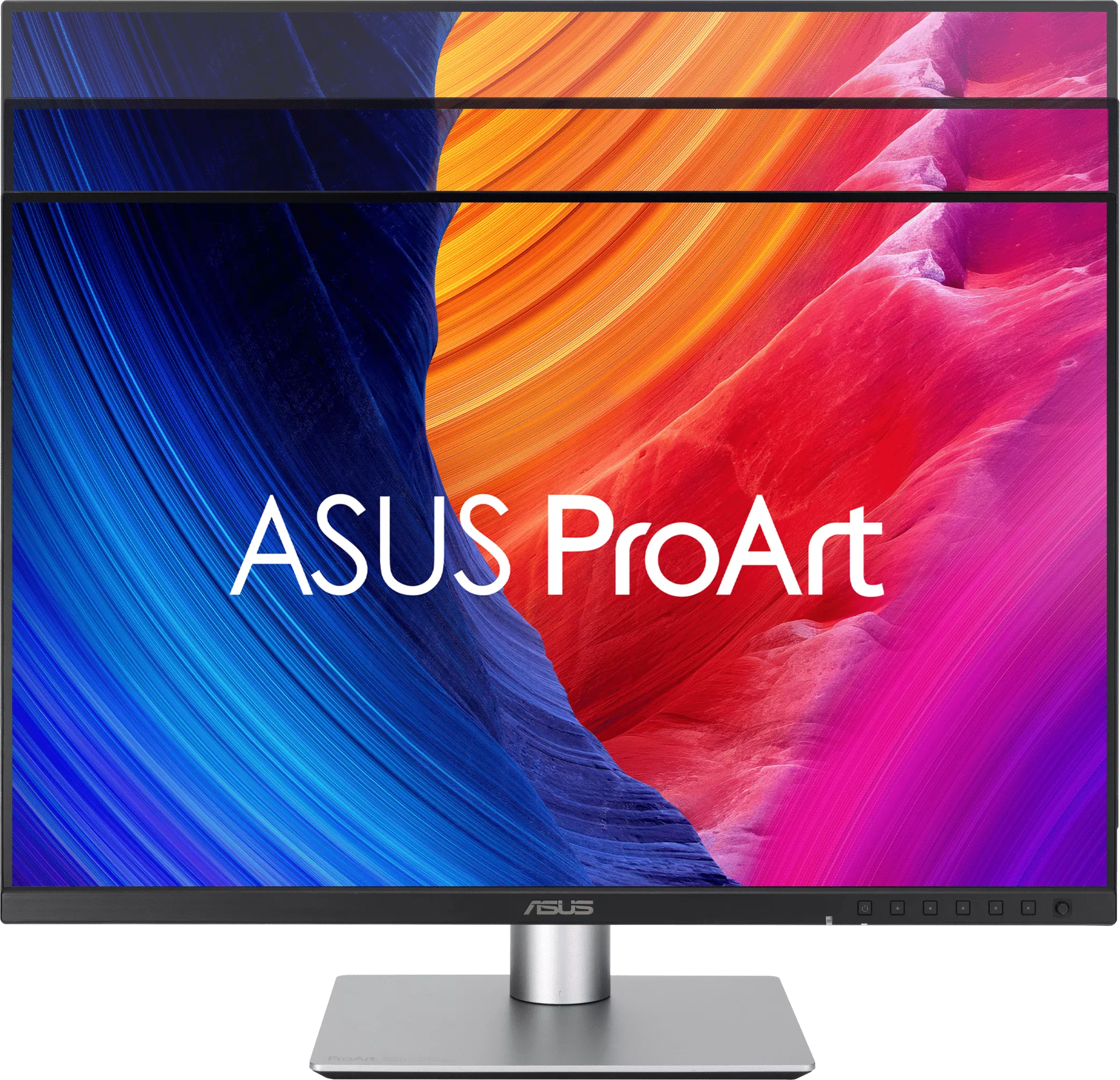 Egy ASUS ProArt monitor kék, narancssárga és piros absztrakt háttérrel.