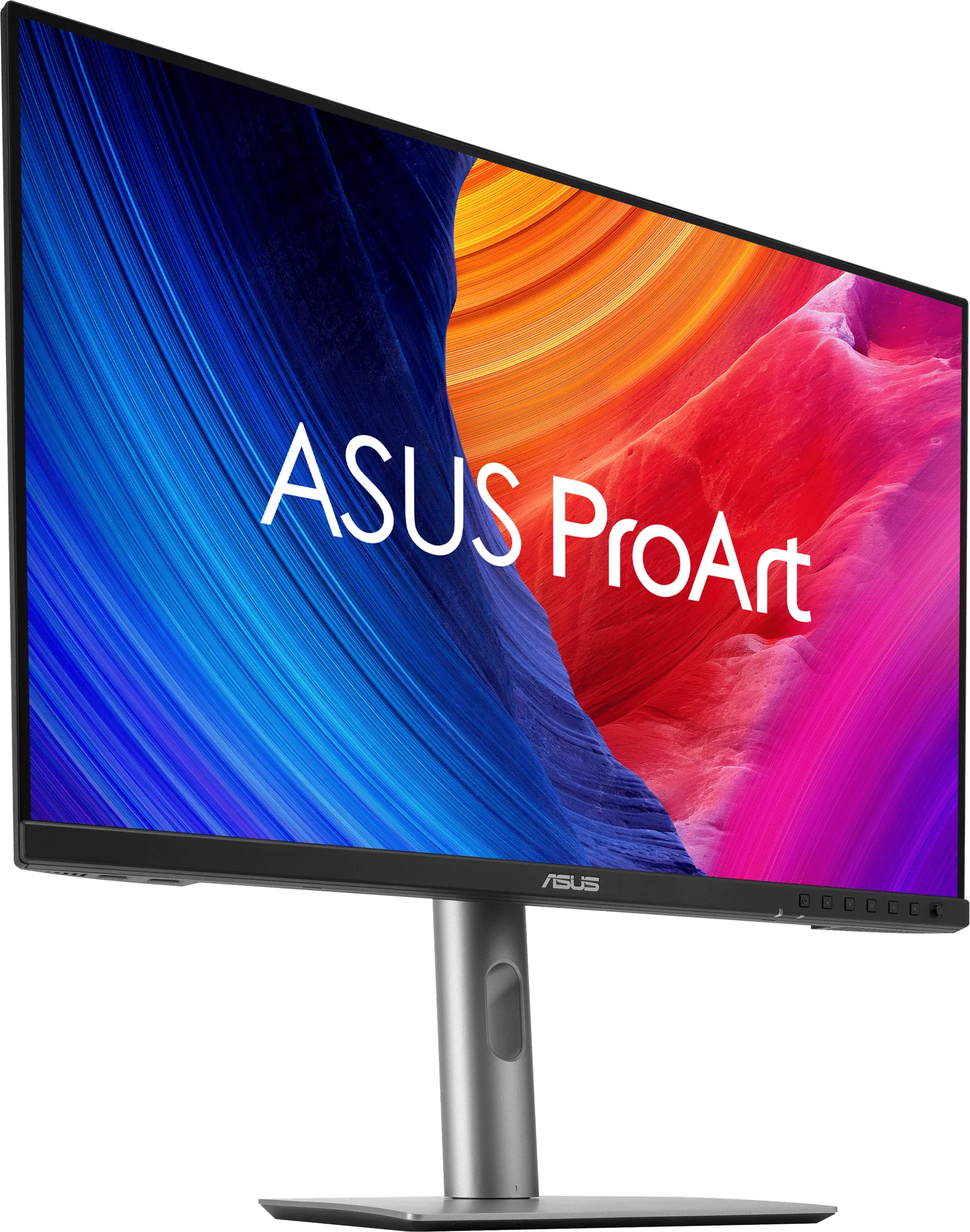 Egy ASUS ProArt monitor kék, narancssárga és piros absztrakt háttérrel.