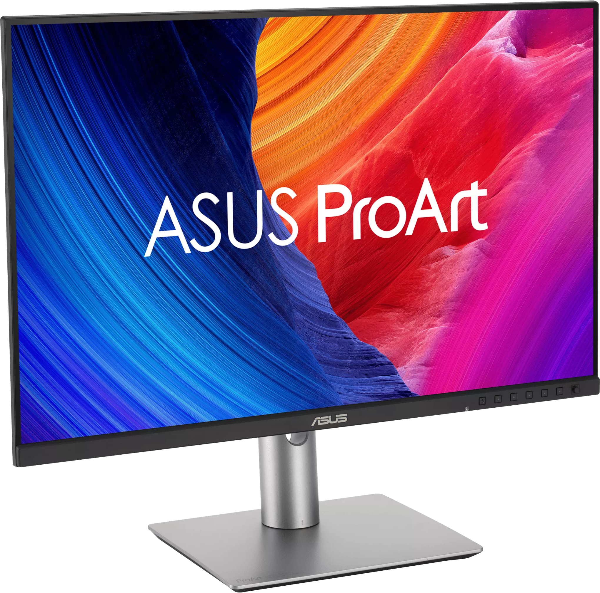 Egy ASUS ProArt monitor, amely absztrakt kék, piros és rózsaszín grafikus hátteret jelenít meg.
