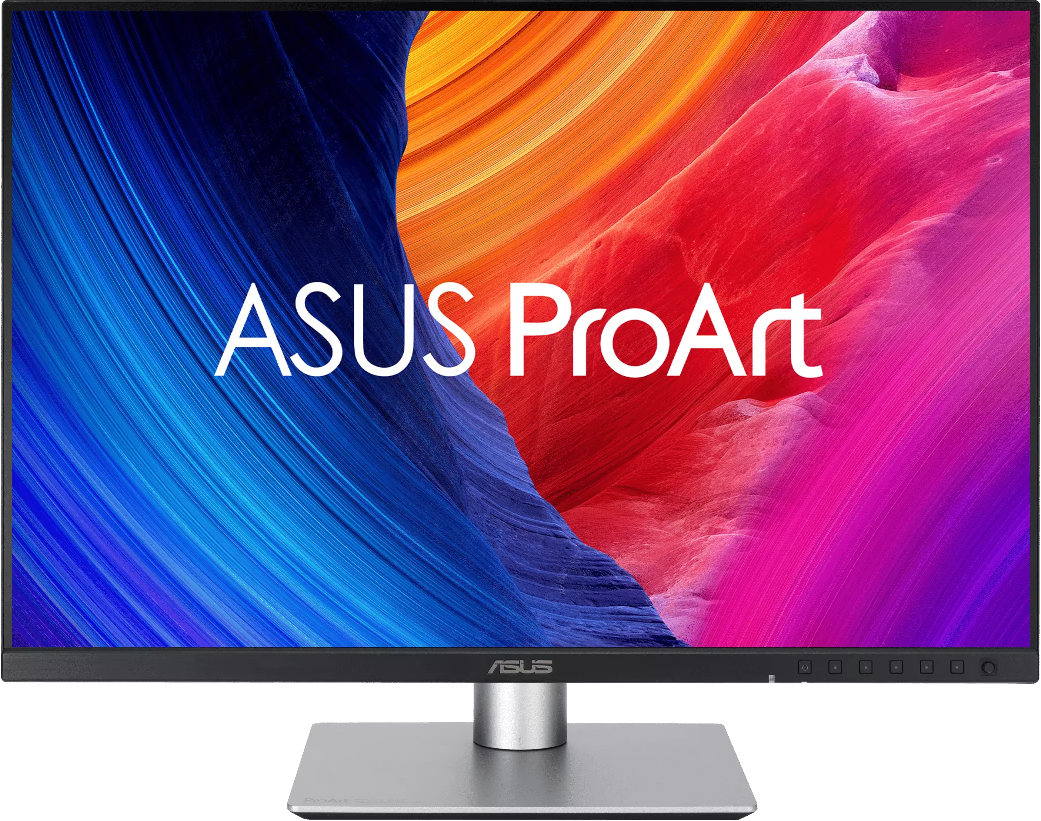 Monitor ASUS ProArt logóval, kék, narancssárga és piros absztrakt háttérrel.
