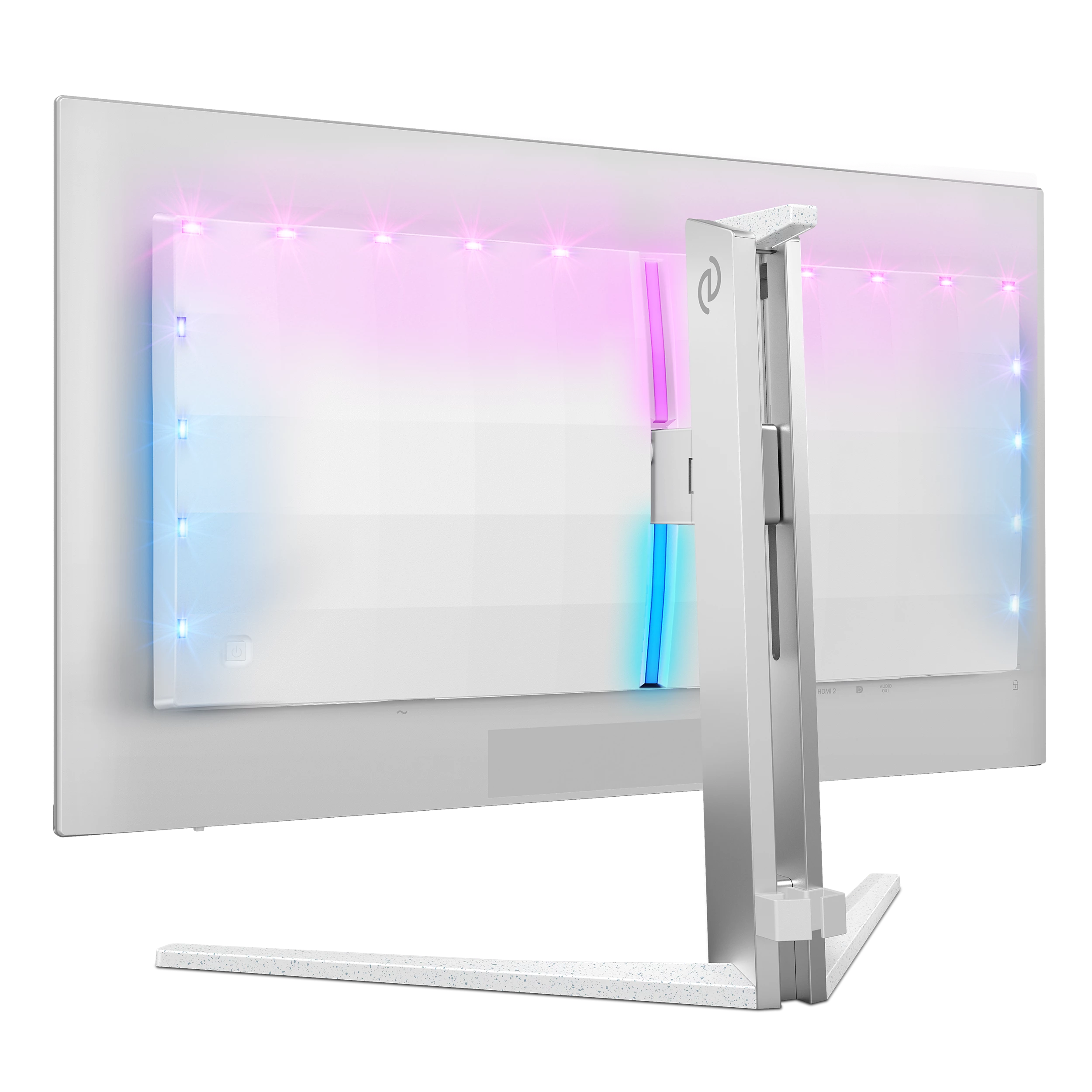 Fehér monitor RGB világítással és állvánnyal. Hátulról nézve.