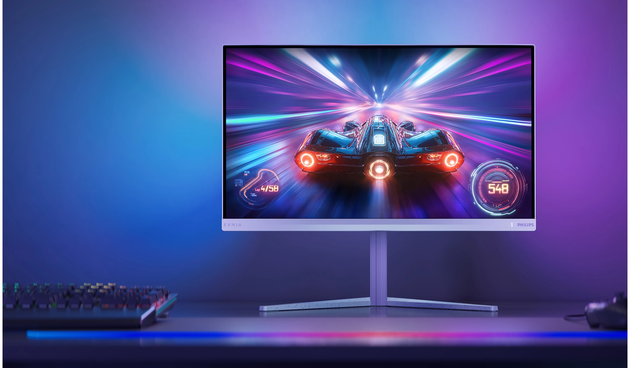 Egy gamer monitor futurisztikus autót mutat neonfényes versenypályán.