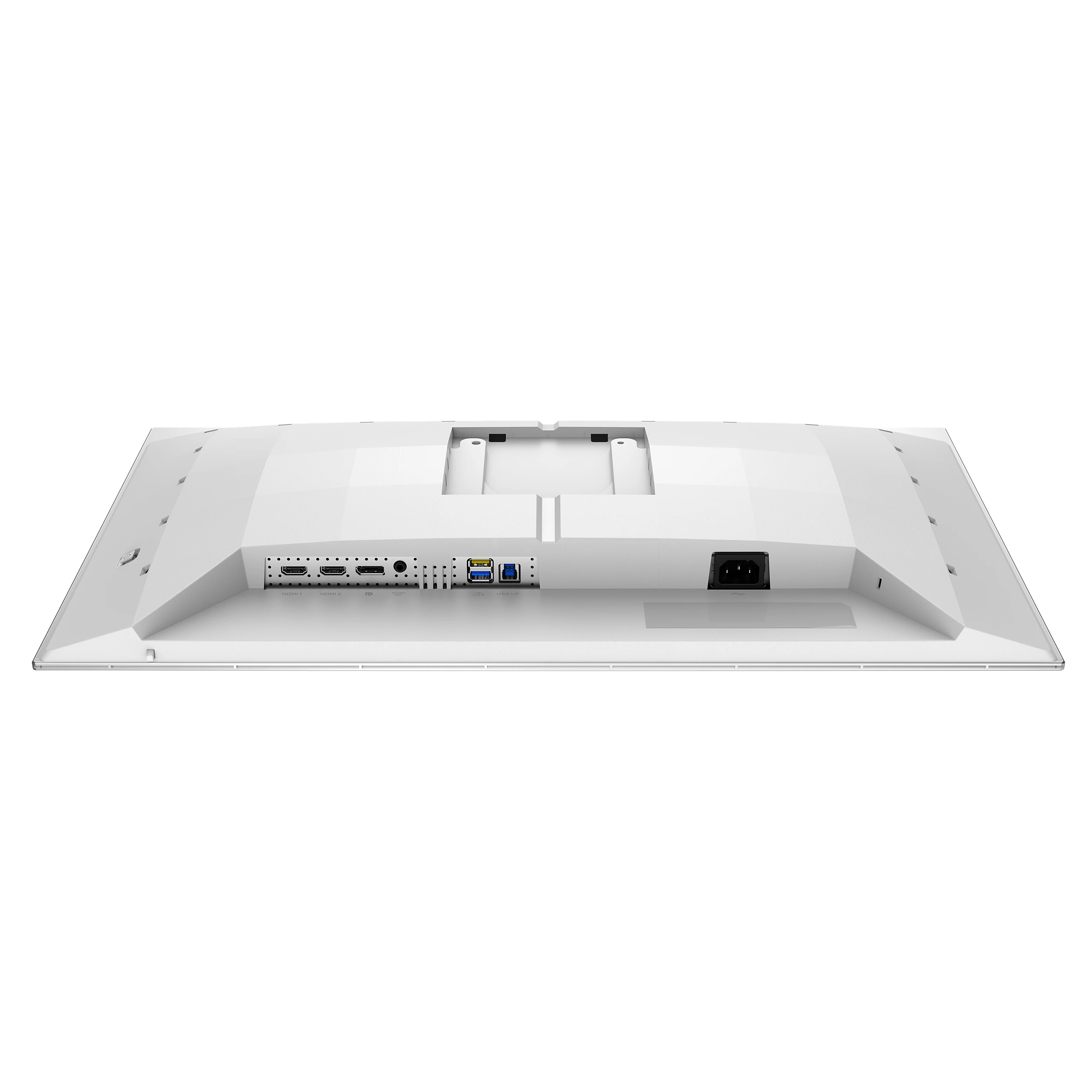 Fehér monitor hátulja HDMI, USB és tápcsatlakozókkal.