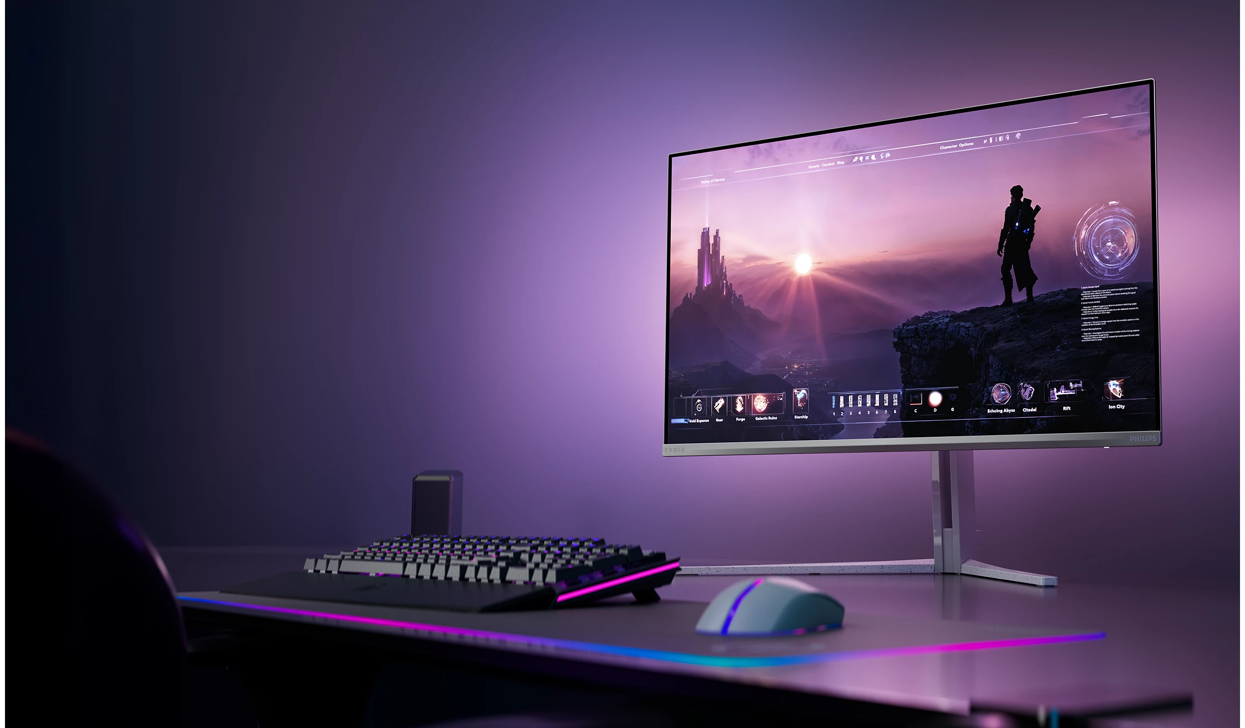 Világító billentyűzet, egér és egy fantasy játékot megjelenítő monitor gamer szettje.