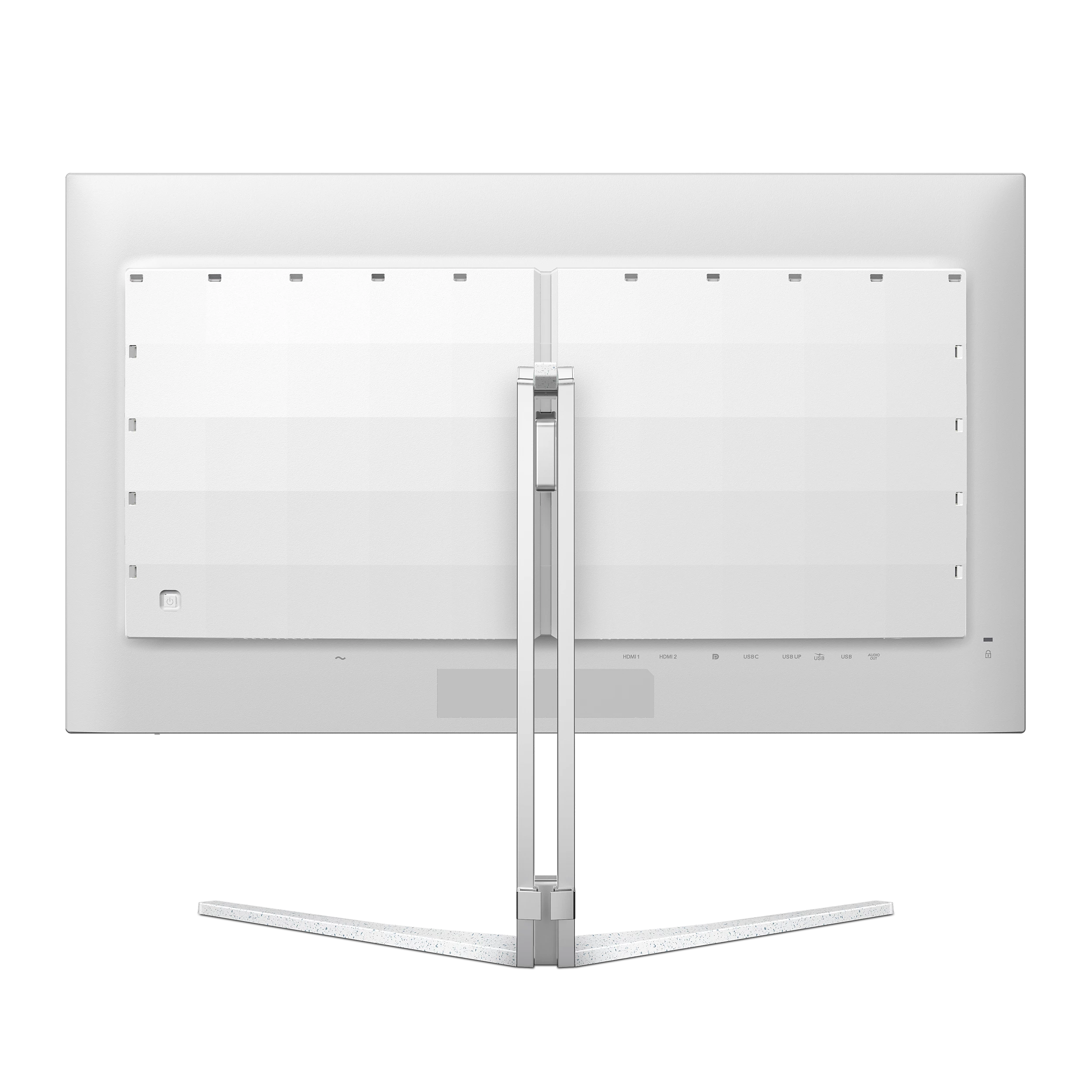 Fehér monitor hátulja csatlakozókkal és állvánnyal. Minimalista.