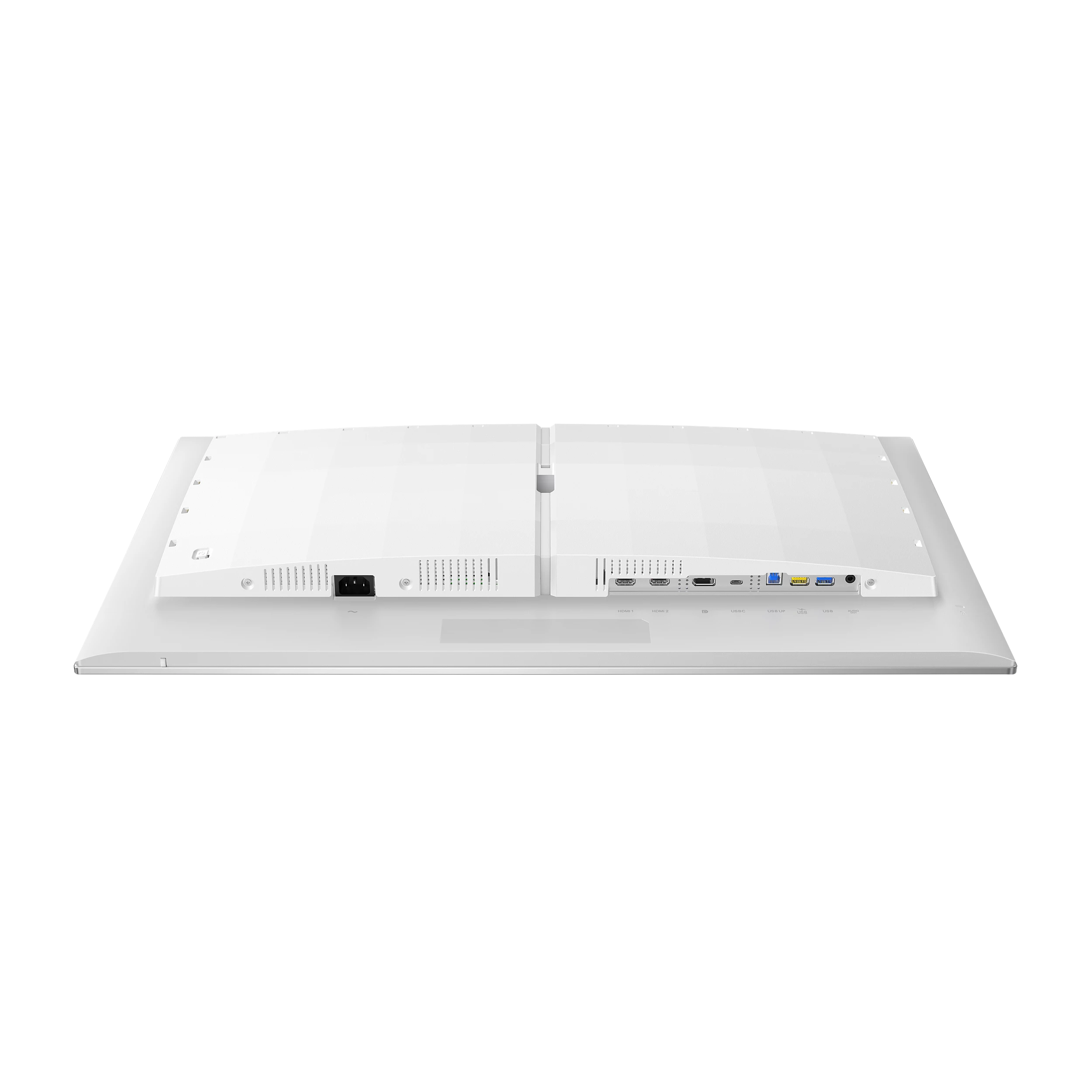 Egy fehér monitor hátulja, csatlakozókkal: tápellátás, HDMI, USB.