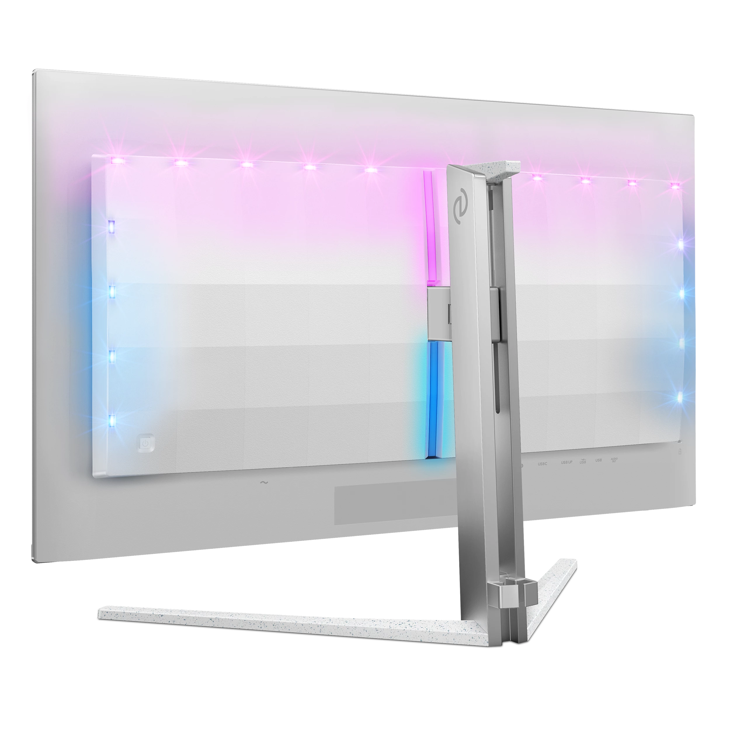 Fehér monitor hátulnézete RGB világítással, ezüst állvánnyal és portokkal.