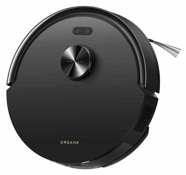 Czarny robot sprzątający z srebrnym pokrętłem nawigacji i szczotkami.