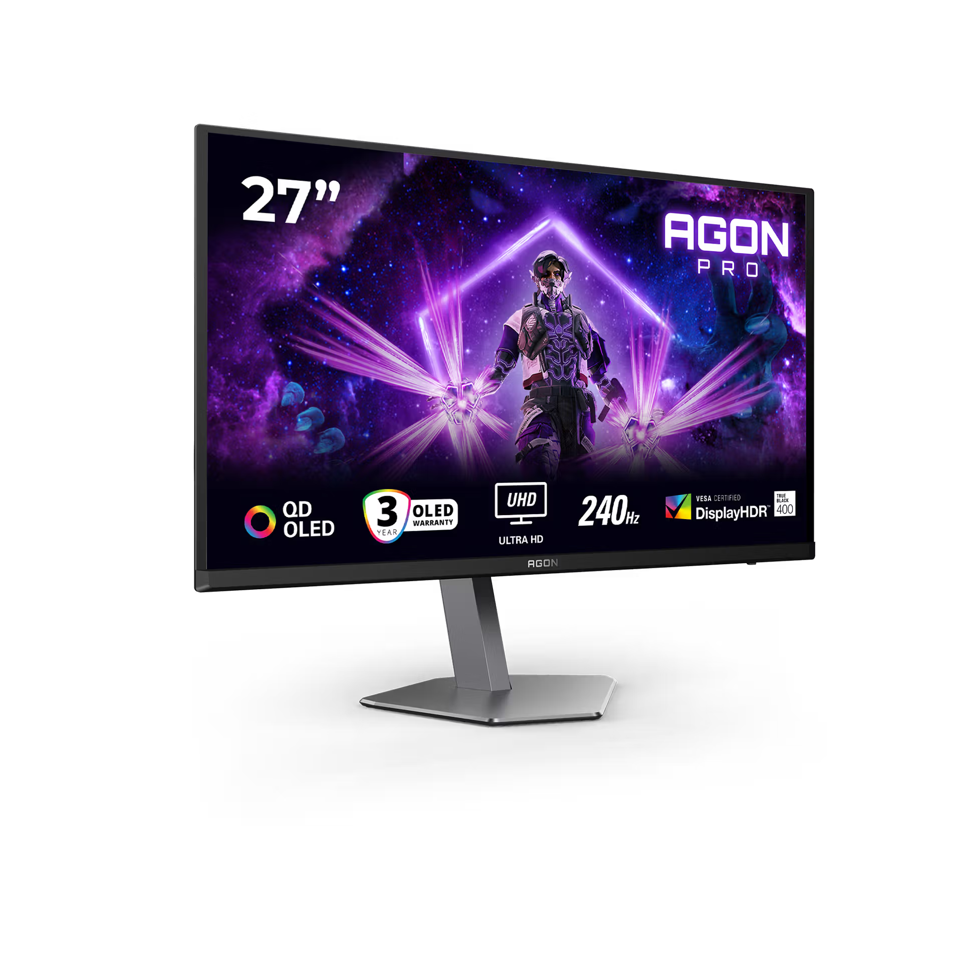 Egy 27 hüvelykes QD OLED gamer monitor futurisztikus harcos képpel.