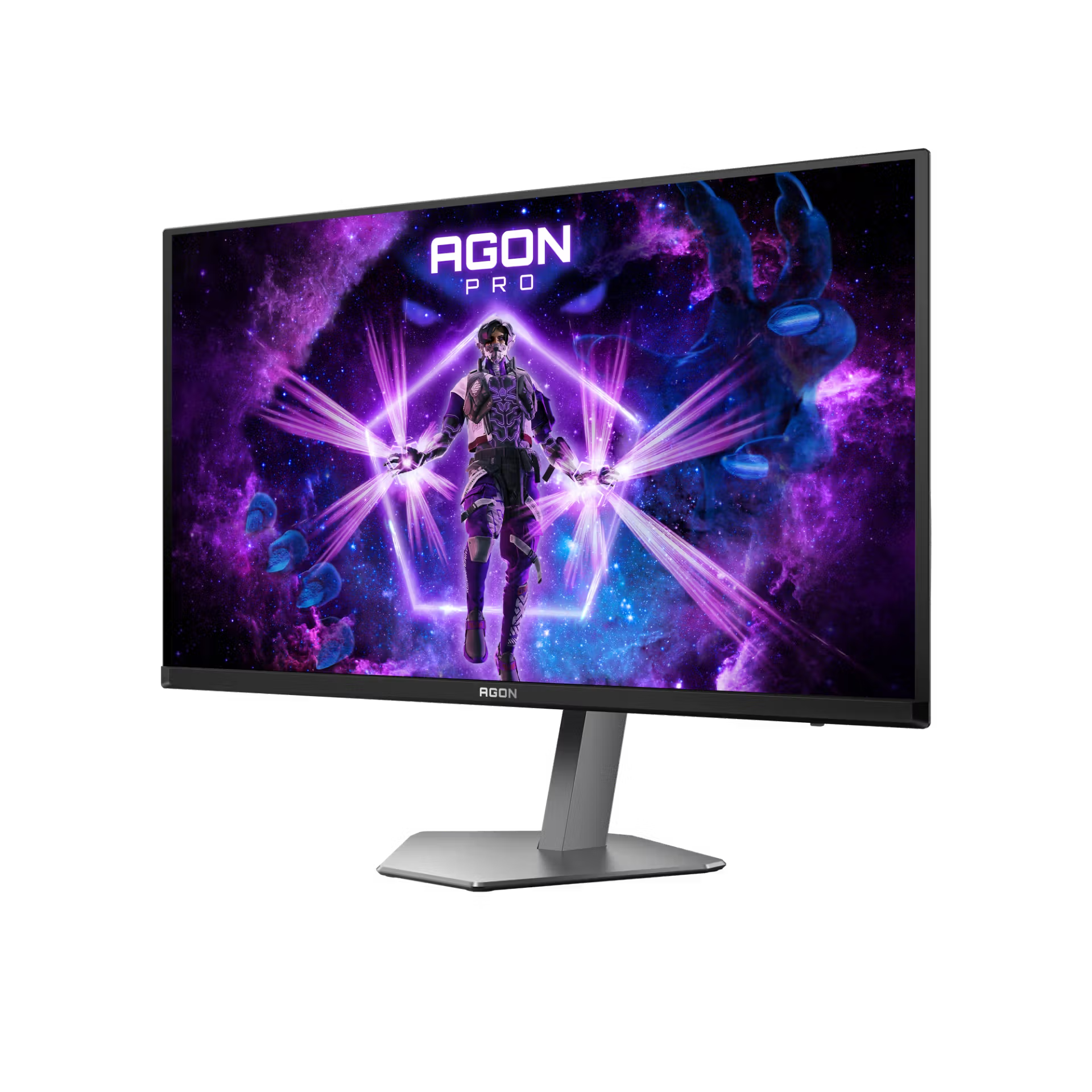 Gaming monitor lila űrjelen, avatár és AGON PRO logó.