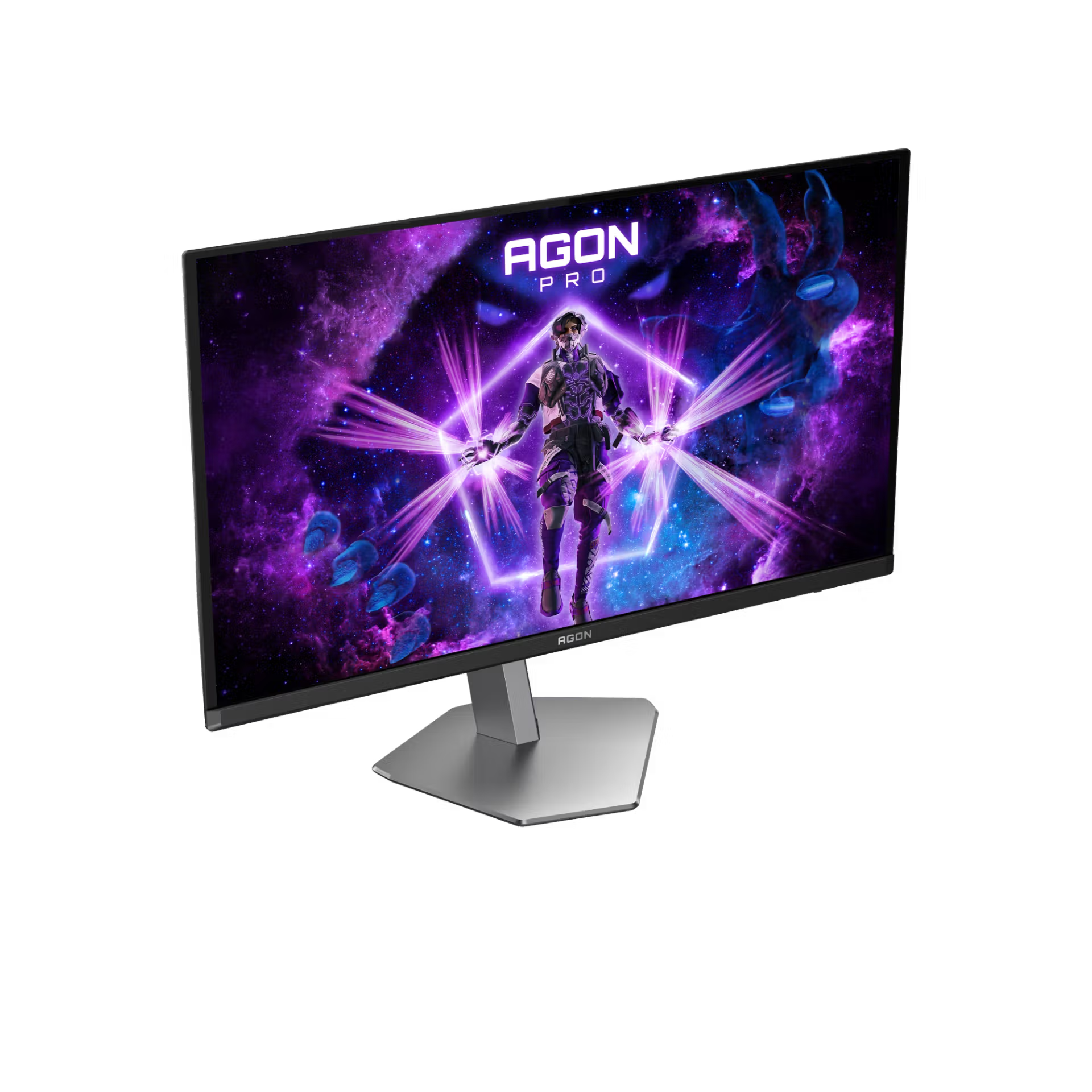 Görbített gamer monitor lila űrtémával és egy karakterrel.