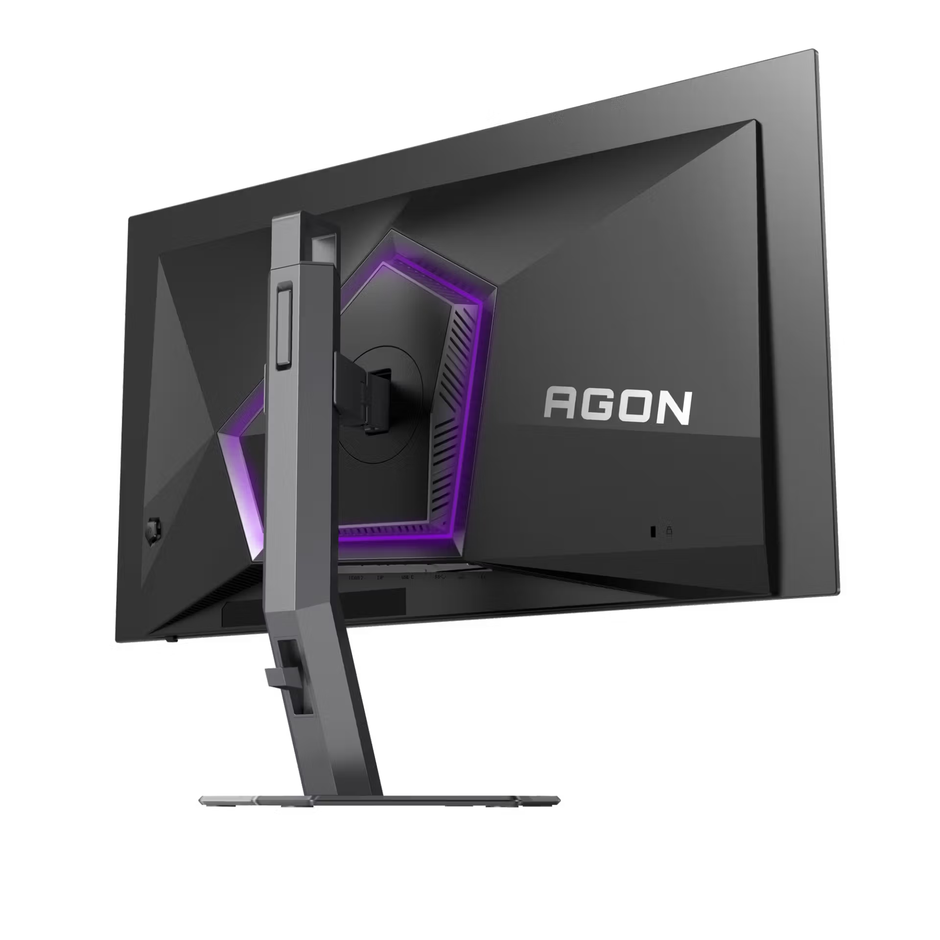 Egy fekete AGON monitor hátulnézete lila díszvilágítással és fémállvánnyal.