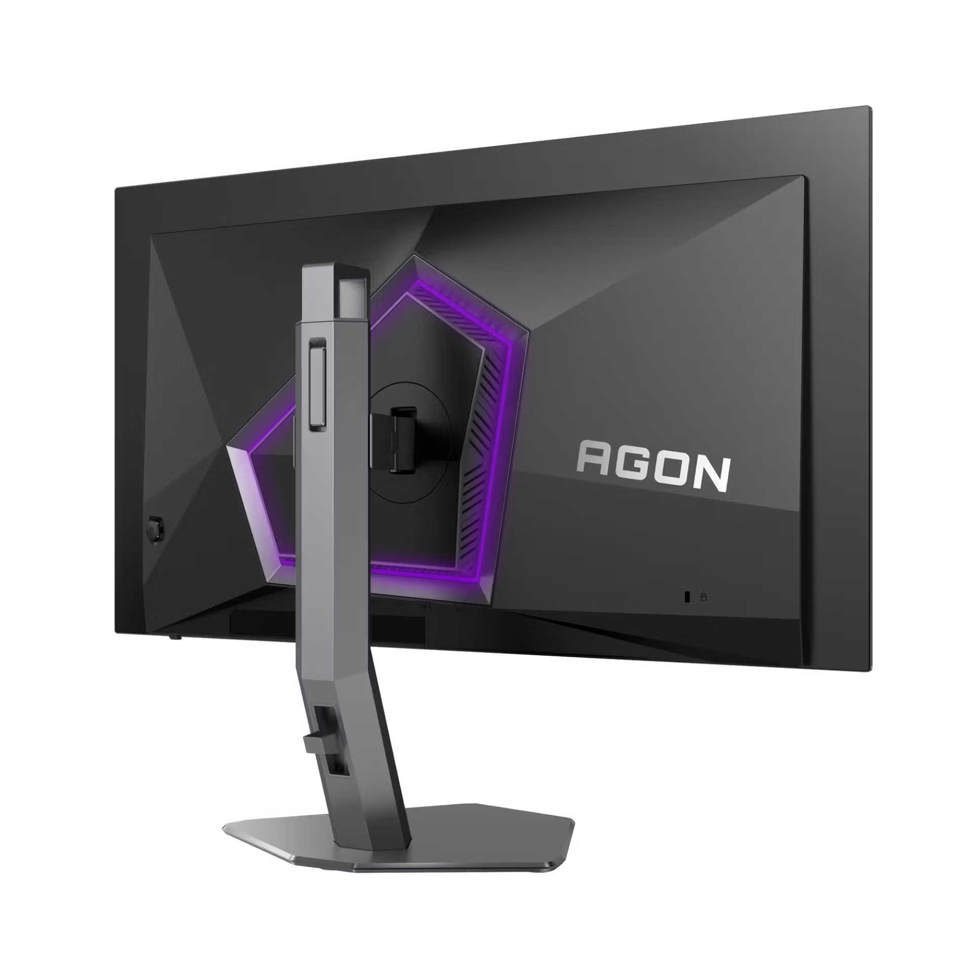 Fekete monitor hátulja lila díszvilágítással és AGON logóval.
