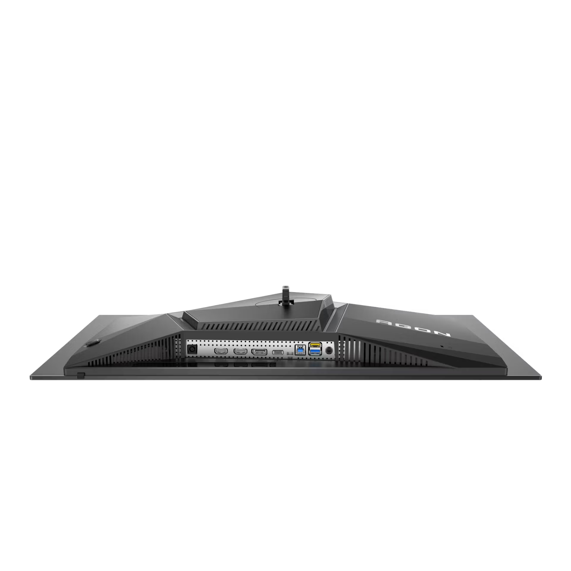 Fekete monitor hátulja portokkal: HDMI, DisplayPort, USB.