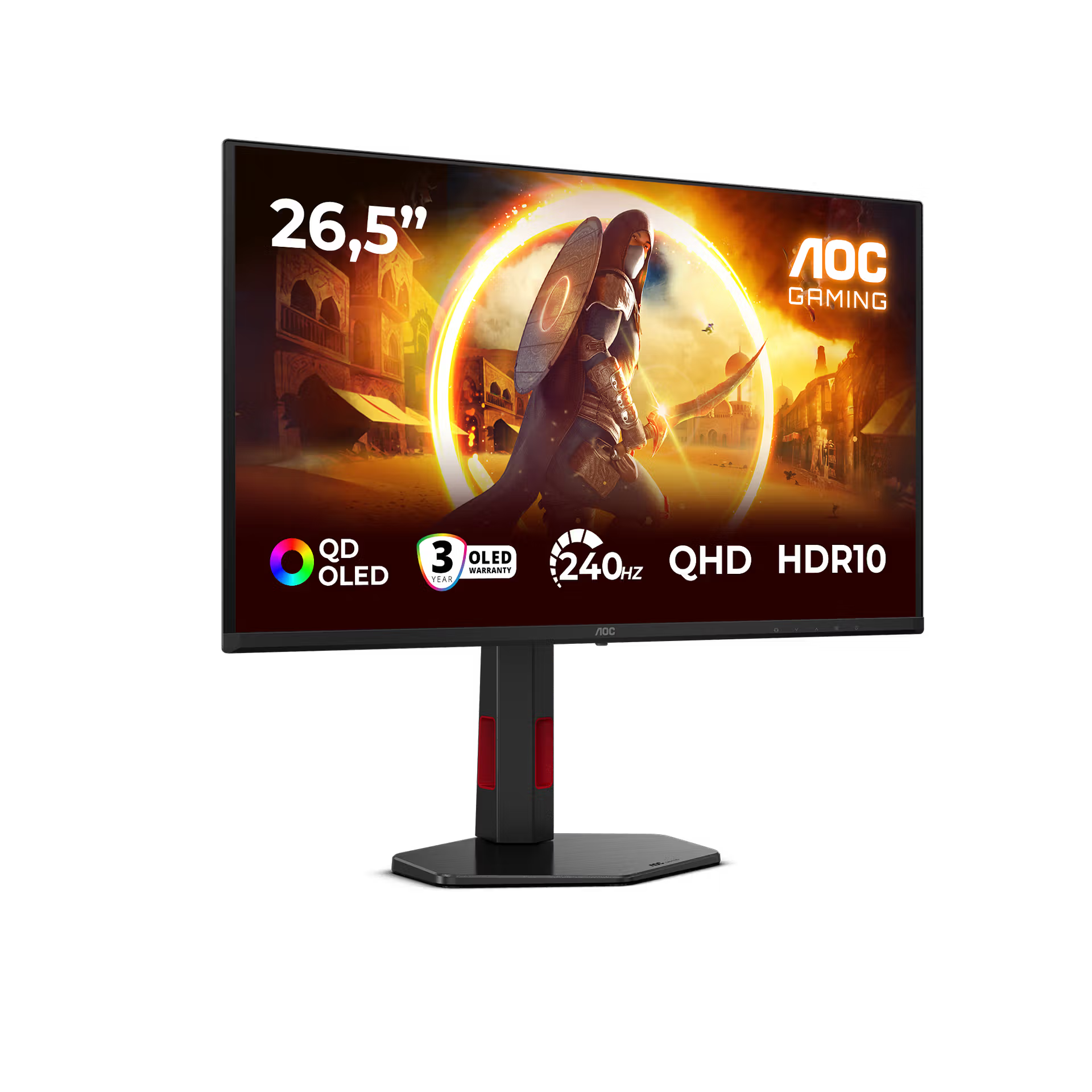Egy 26,5 hüvelykes AOC gamer monitor egy harcost ábrázoló játékot jelenít meg egy város előtt.