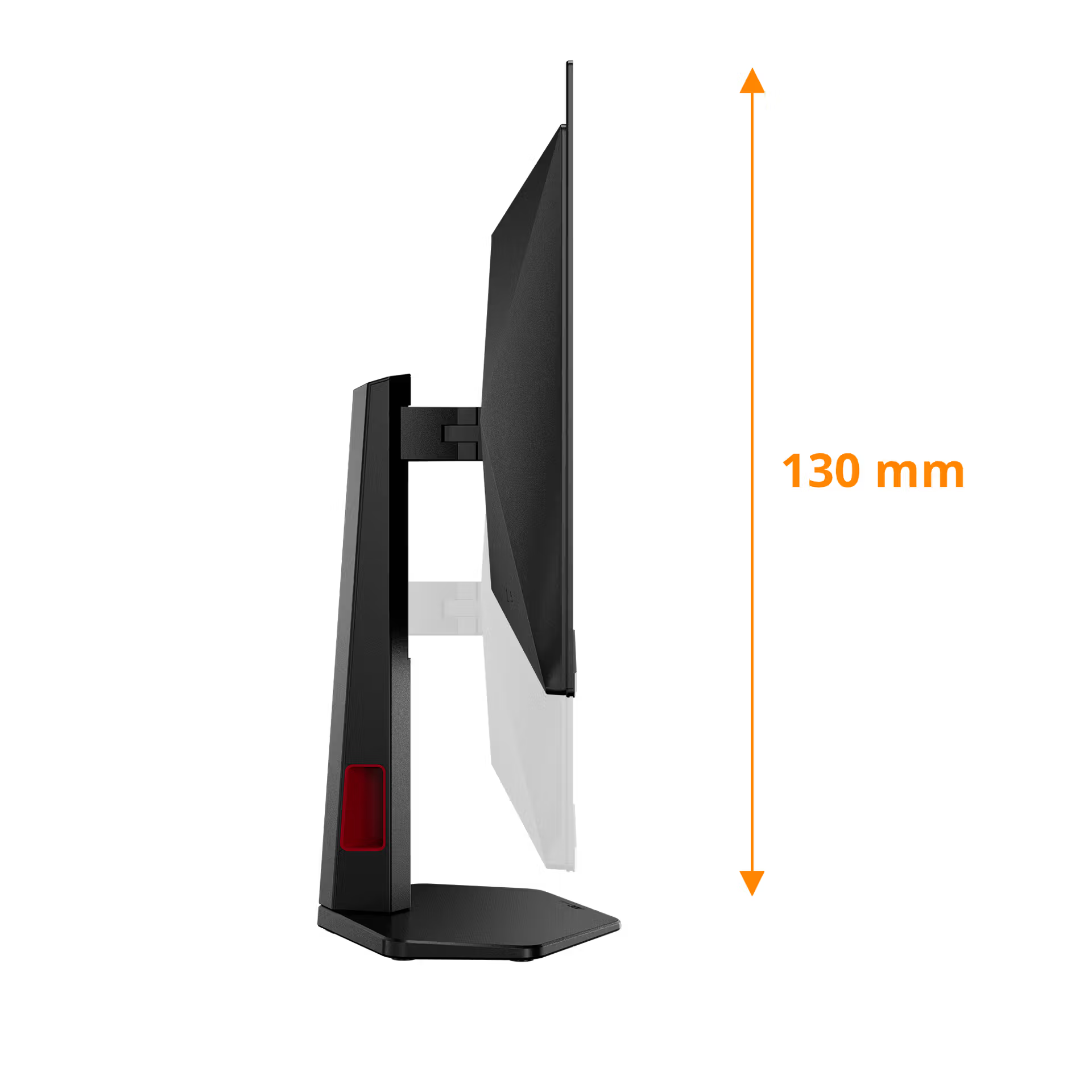 Fekete monitor állvánnyal, oldalnézetben. 130 mm magasság jelölve.