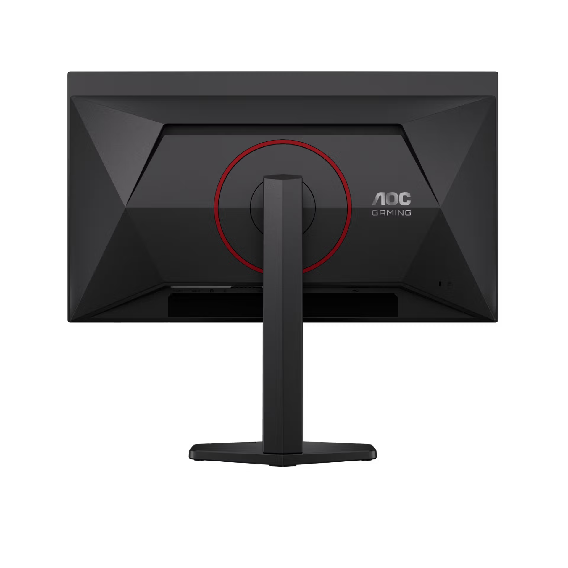 Fekete AOC Gaming monitor hátulja, piros gyűrűvel az állvány körül.