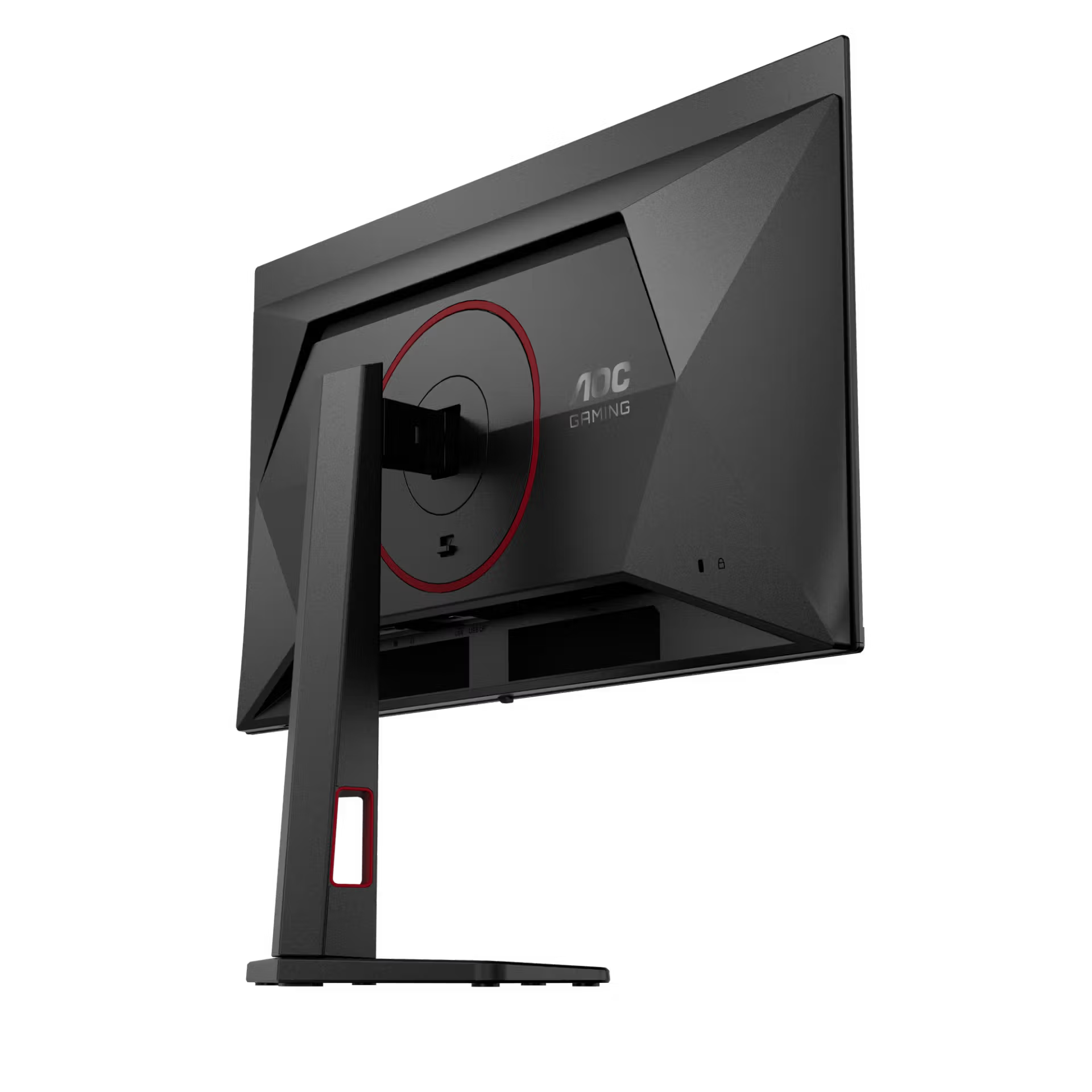 Fekete AOC Gaming monitor hátulnézete piros díszítéssel.