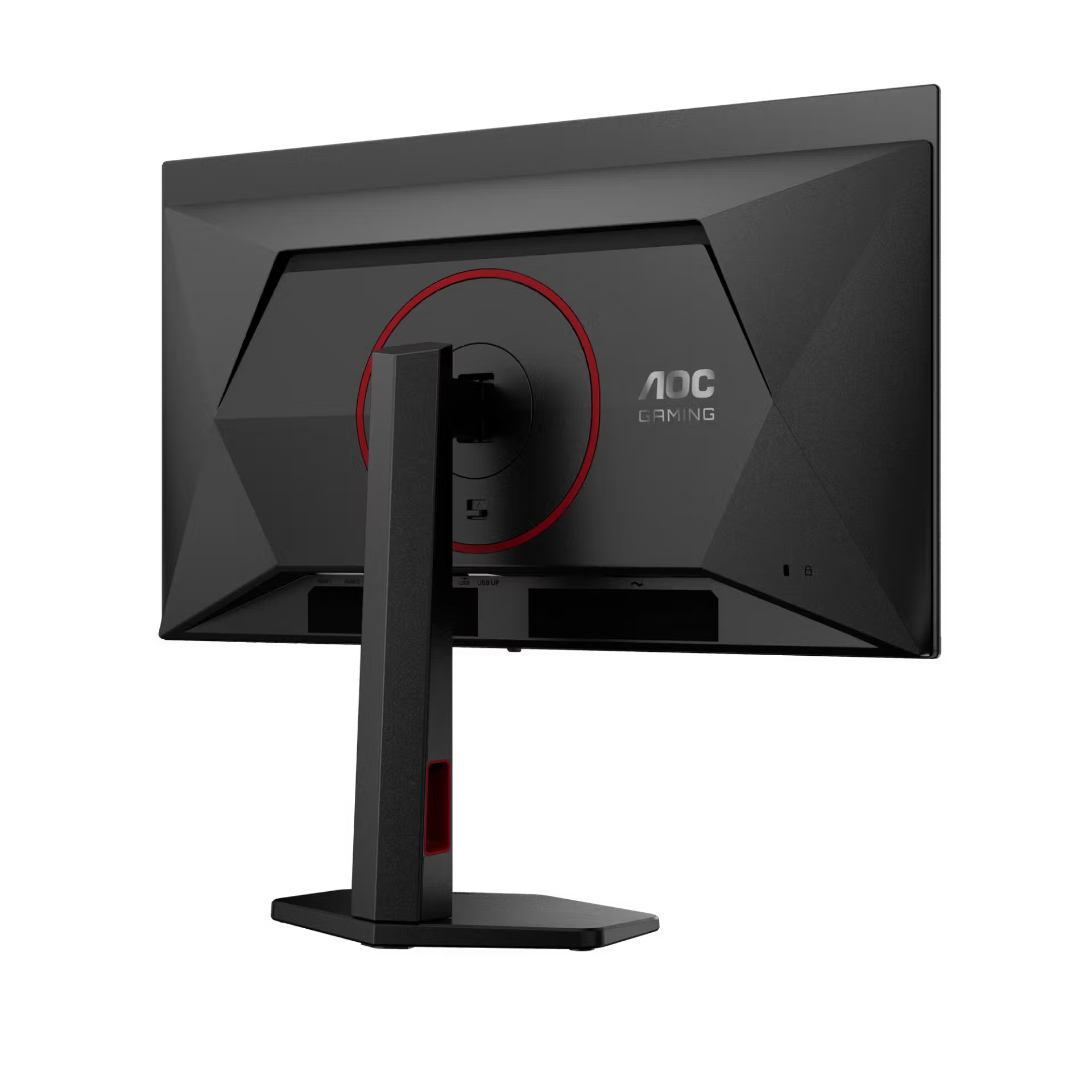 Fekete AOC Gaming monitor hátulnézete, piros díszgyűrűvel.