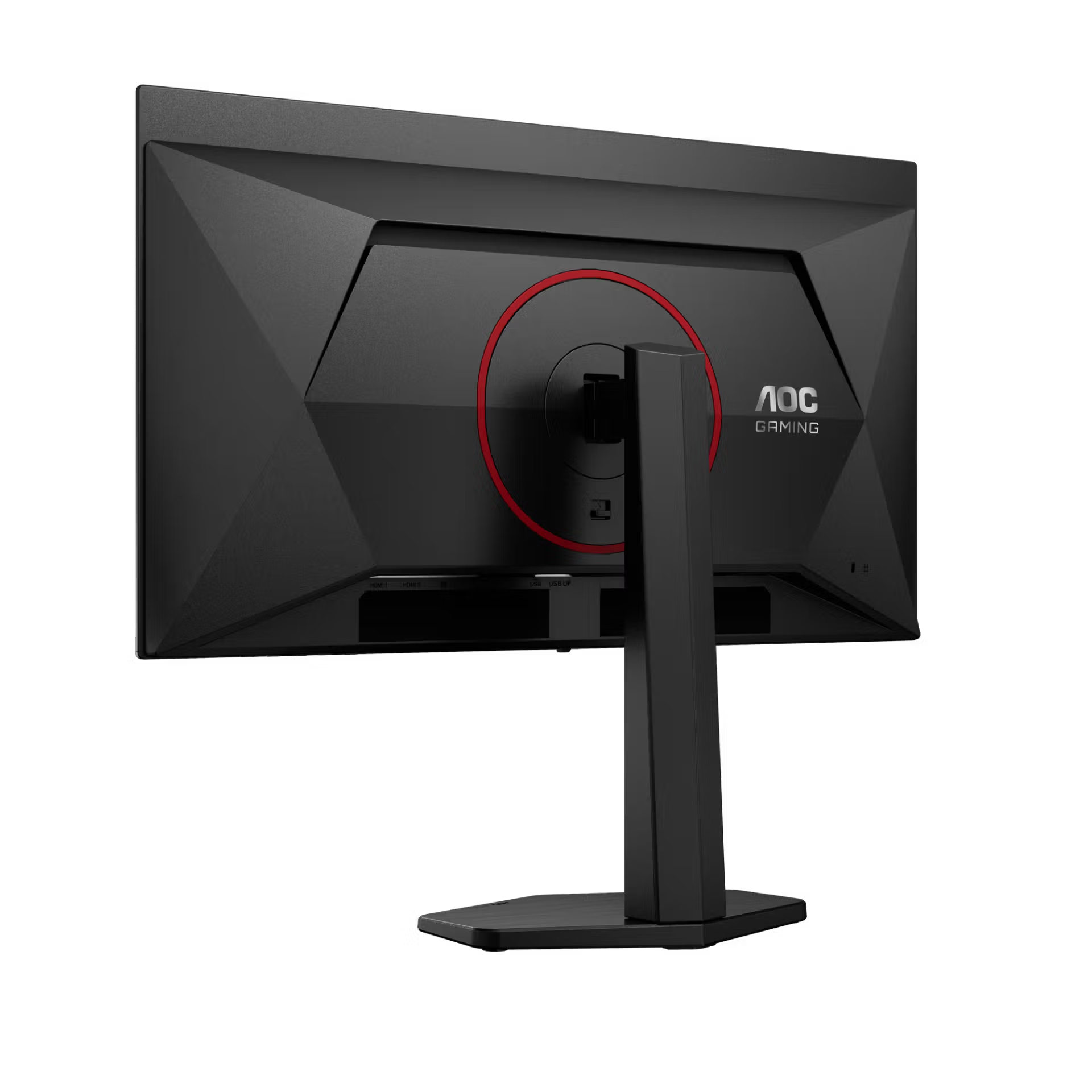 Egy fekete AOC gamer monitor hátulja, piros gyűrűvel és ezüst logóval.