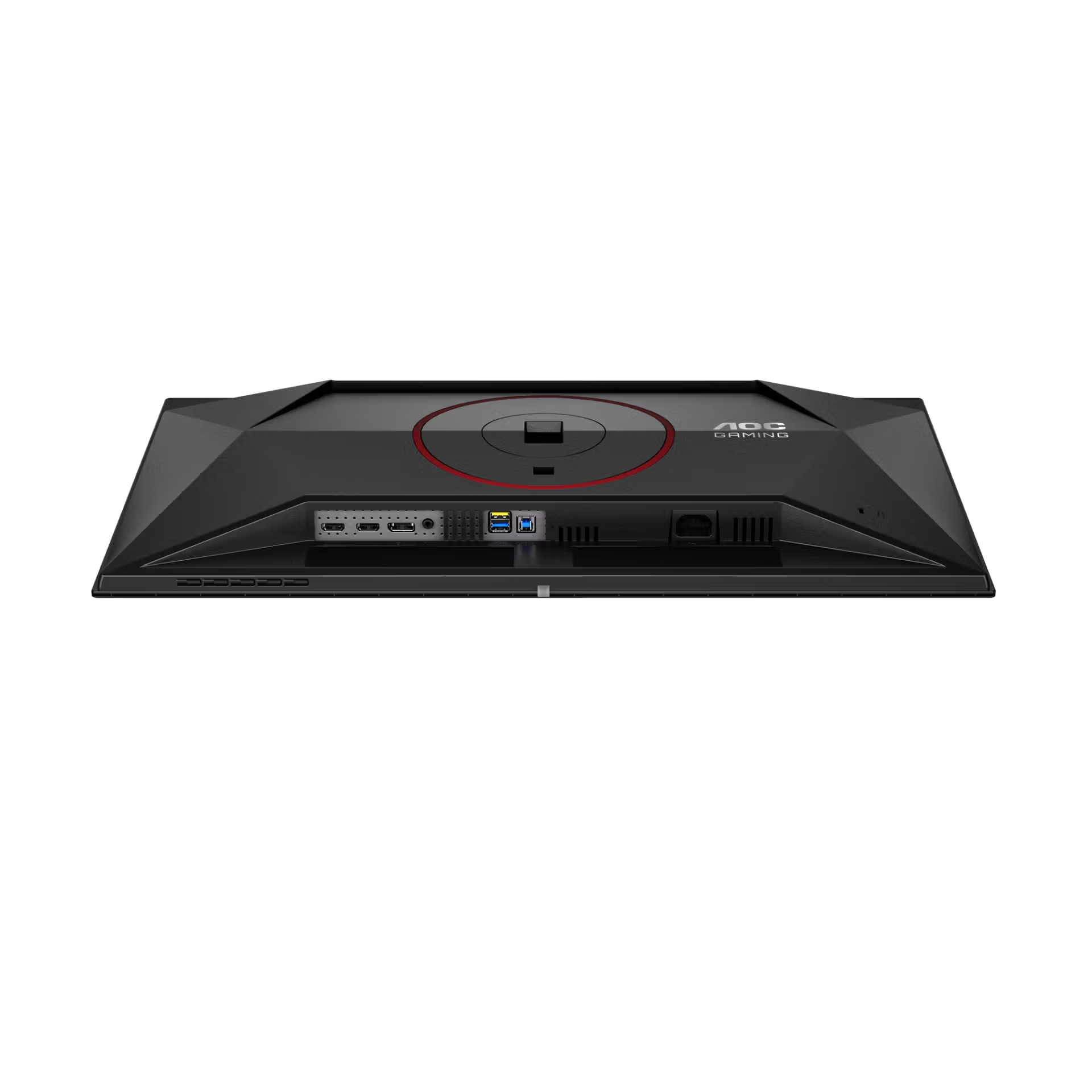 Fekete AOC Gaming monitor hátulnézete portokkal és piros gyűrűs díszítéssel.