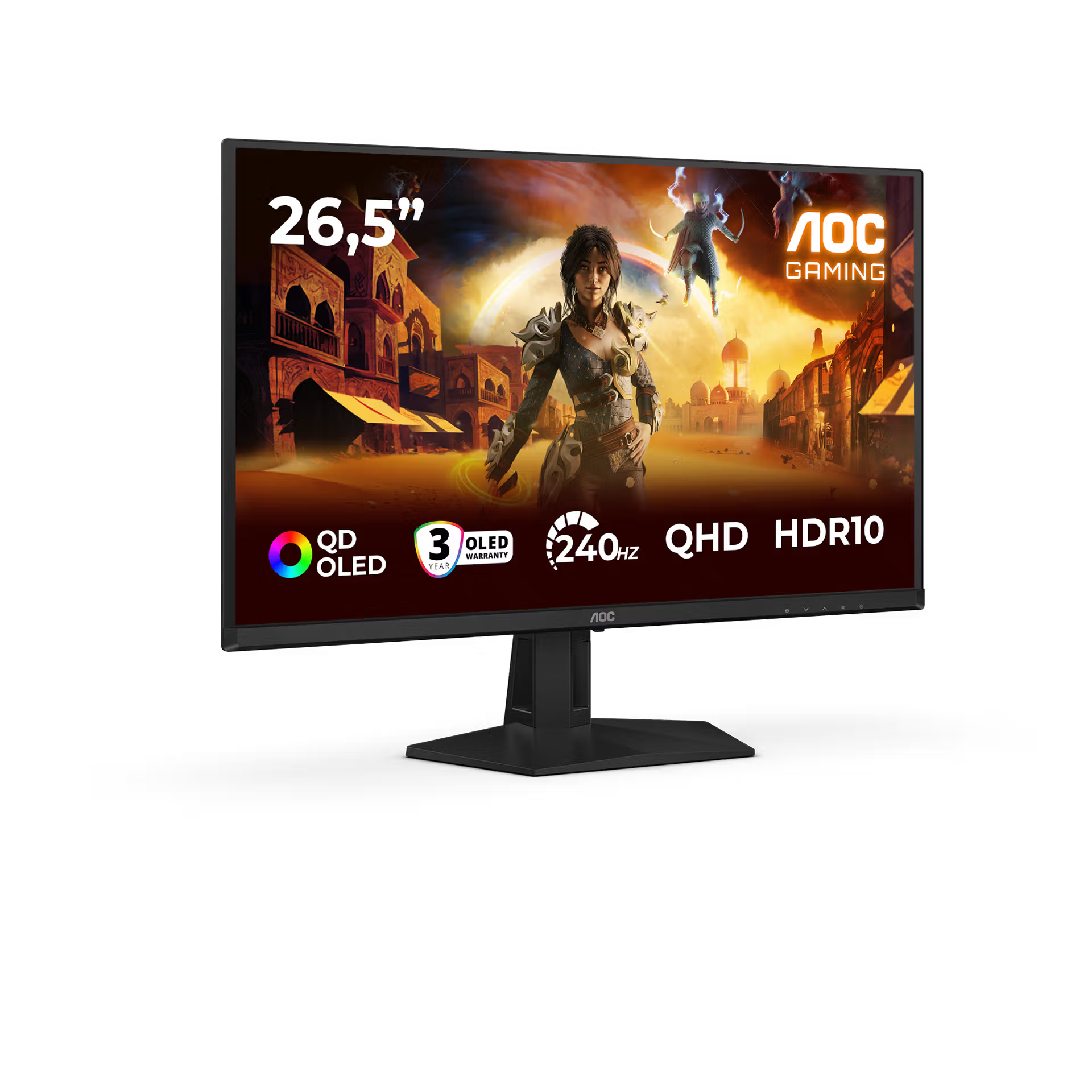 Egy 26,5 hüvelykes AOC gamer monitor fantasy jelenetet mutat harcosokkal és várossal.