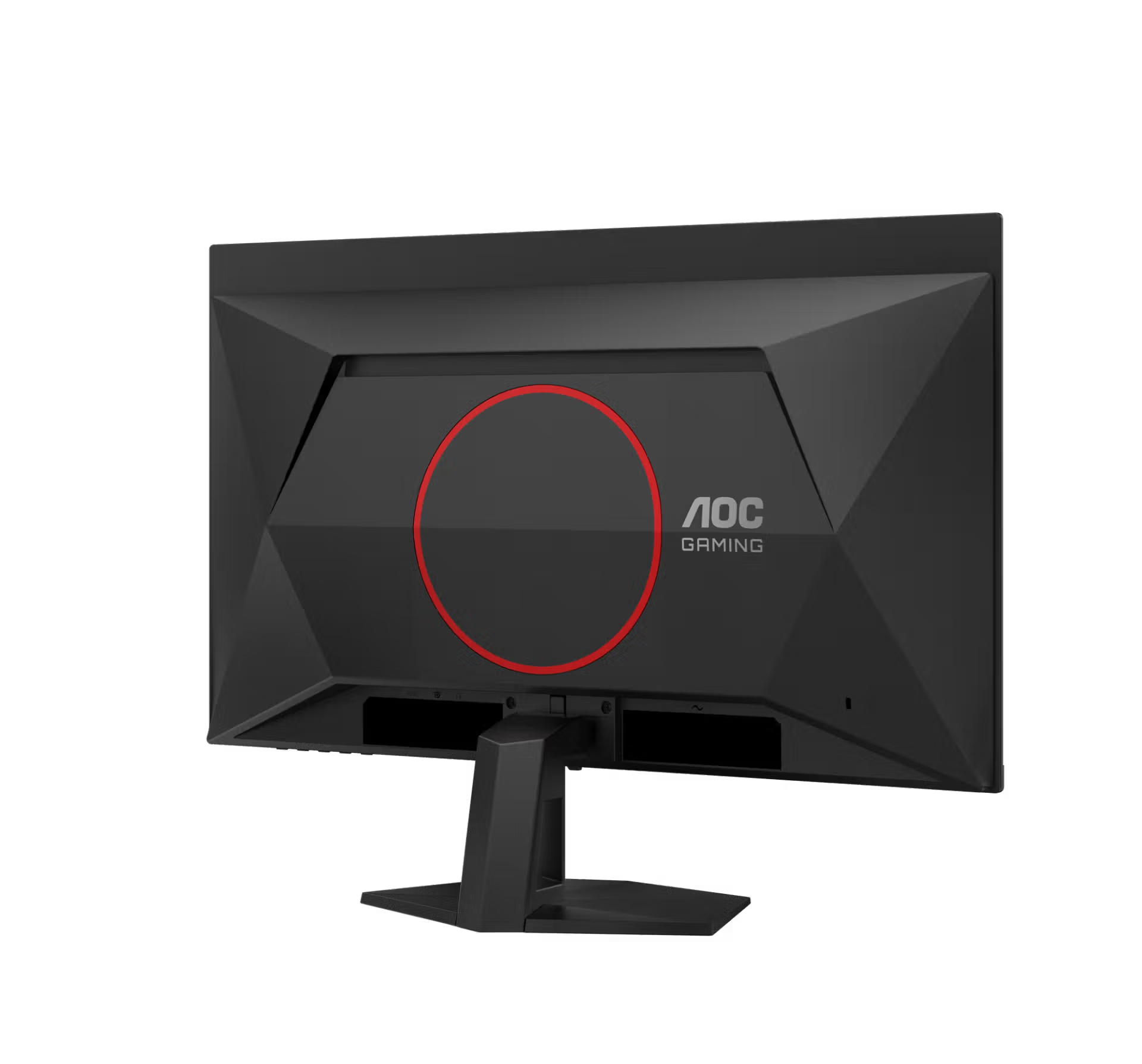 Fekete AOC gamer monitor hátulja, piros körrel és logóval.