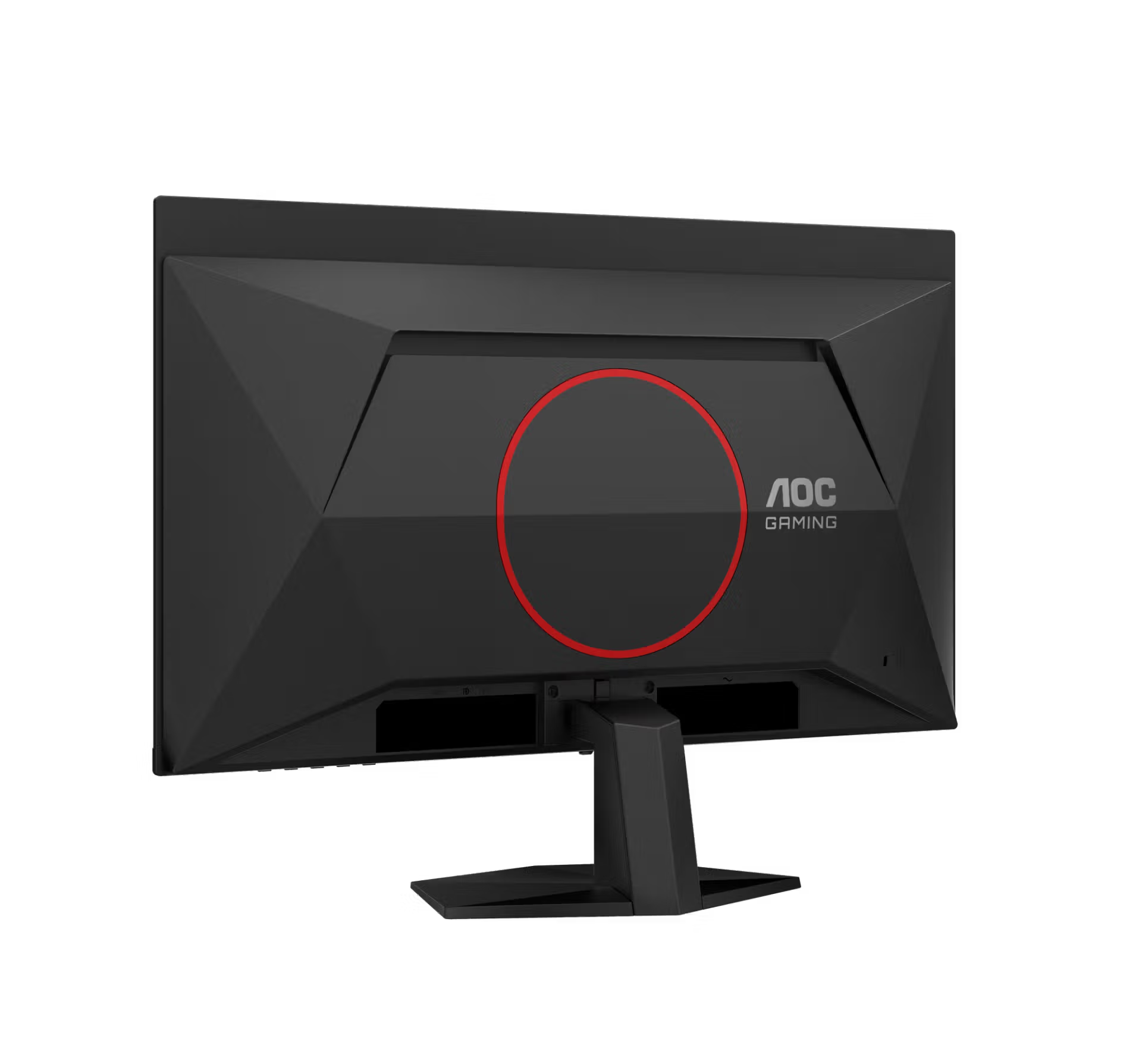 Fekete AOC Gaming monitor hátulja, piros kör alakú logóval és állvánnyal.