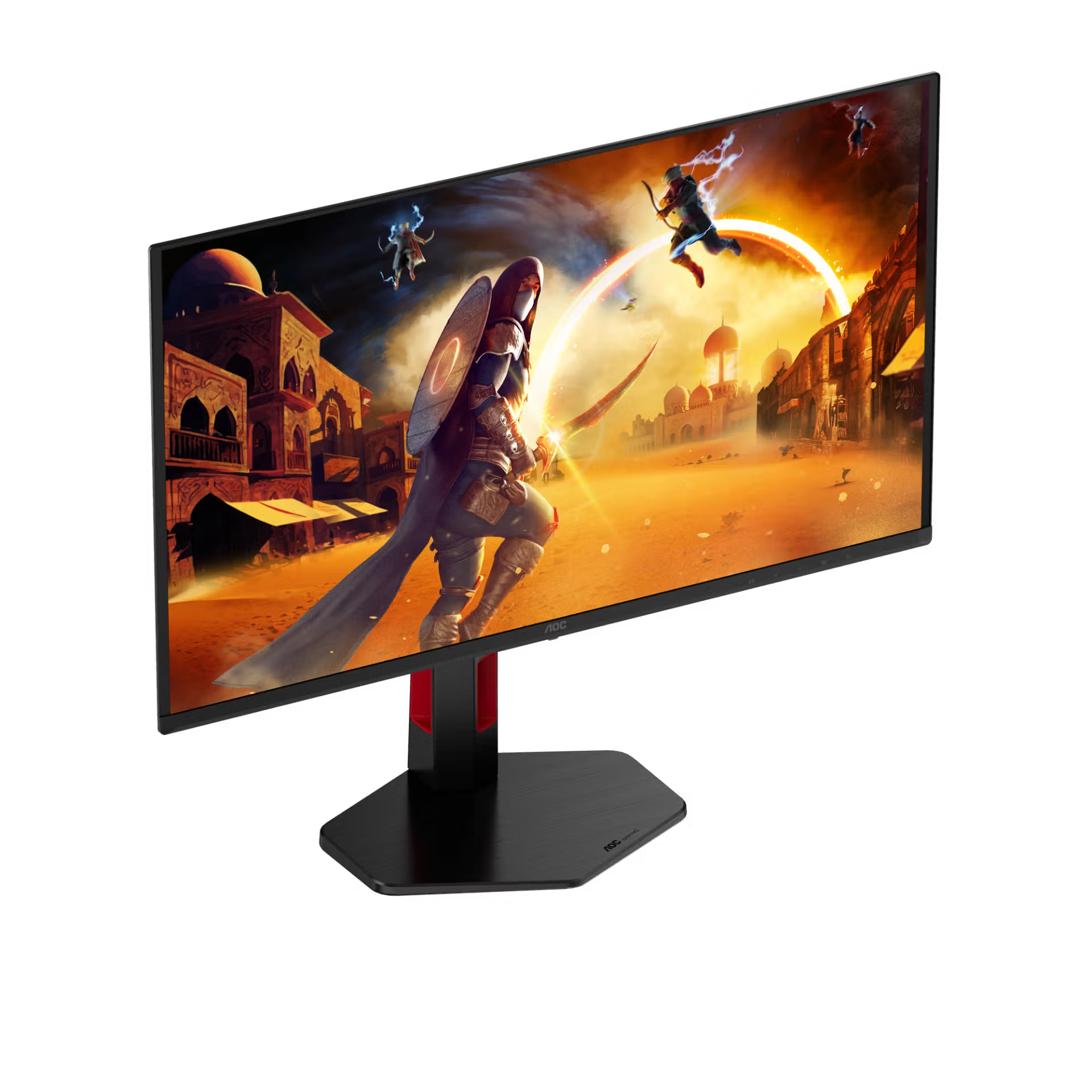 Egy monitor egy fantasy harcosokkal teli keleti város játékát jeleníti meg.