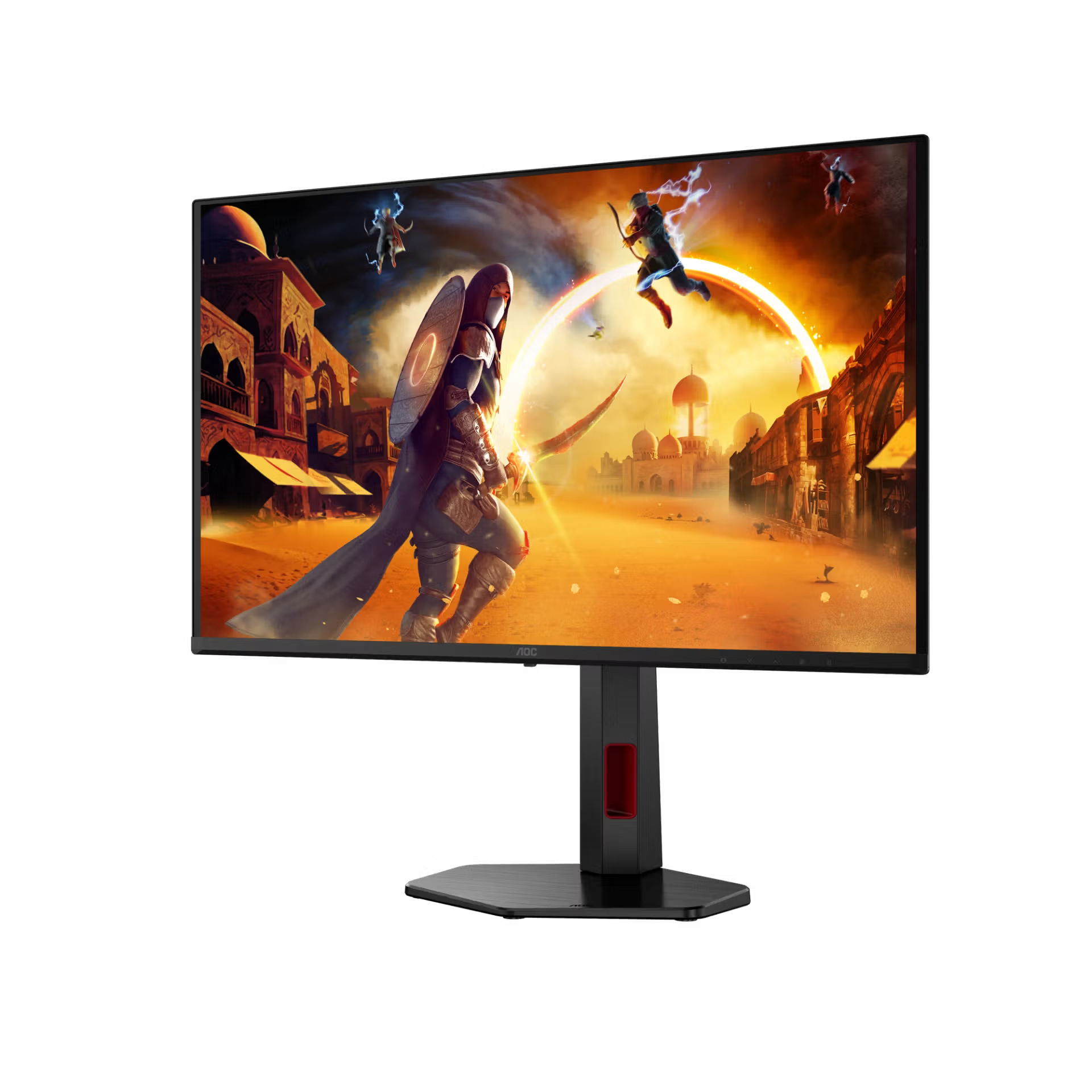Egy monitor keleti város hátterében fantasy harcosokat ábrázoló játékot jelenít meg.