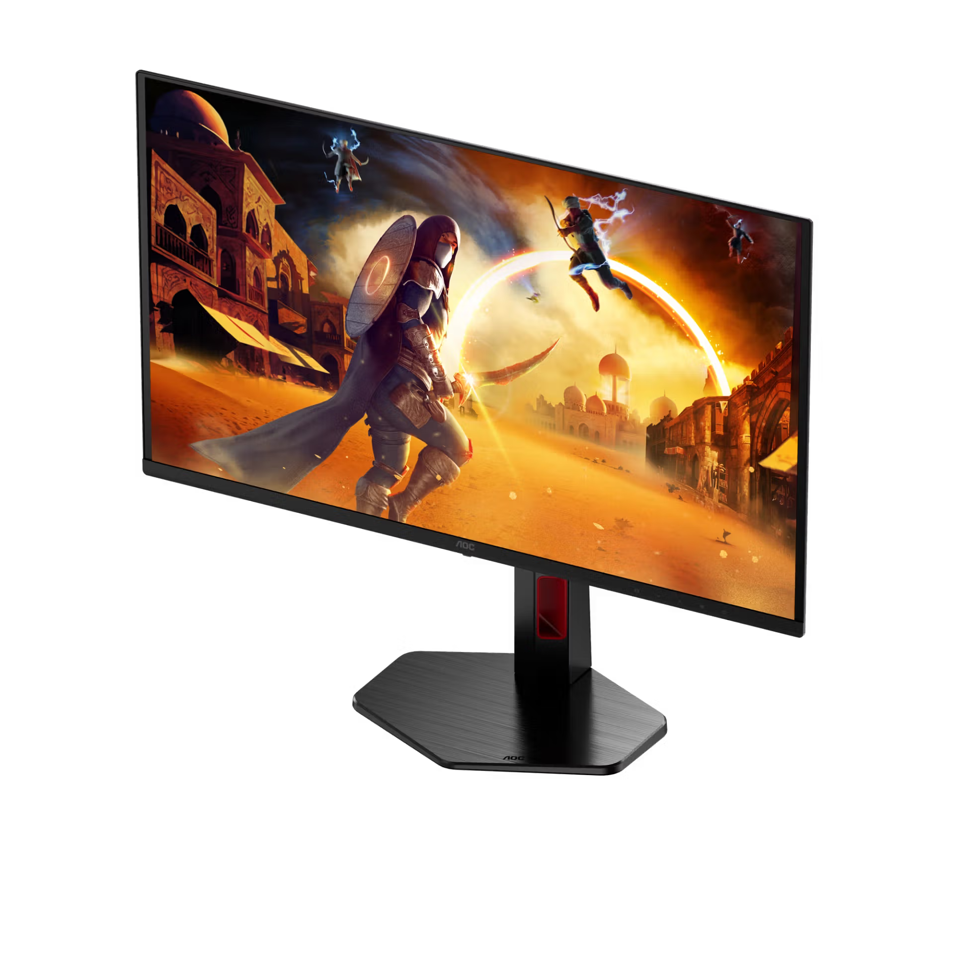 Egy gamer monitor karaktereket ábrázol egy sivatagi városban.