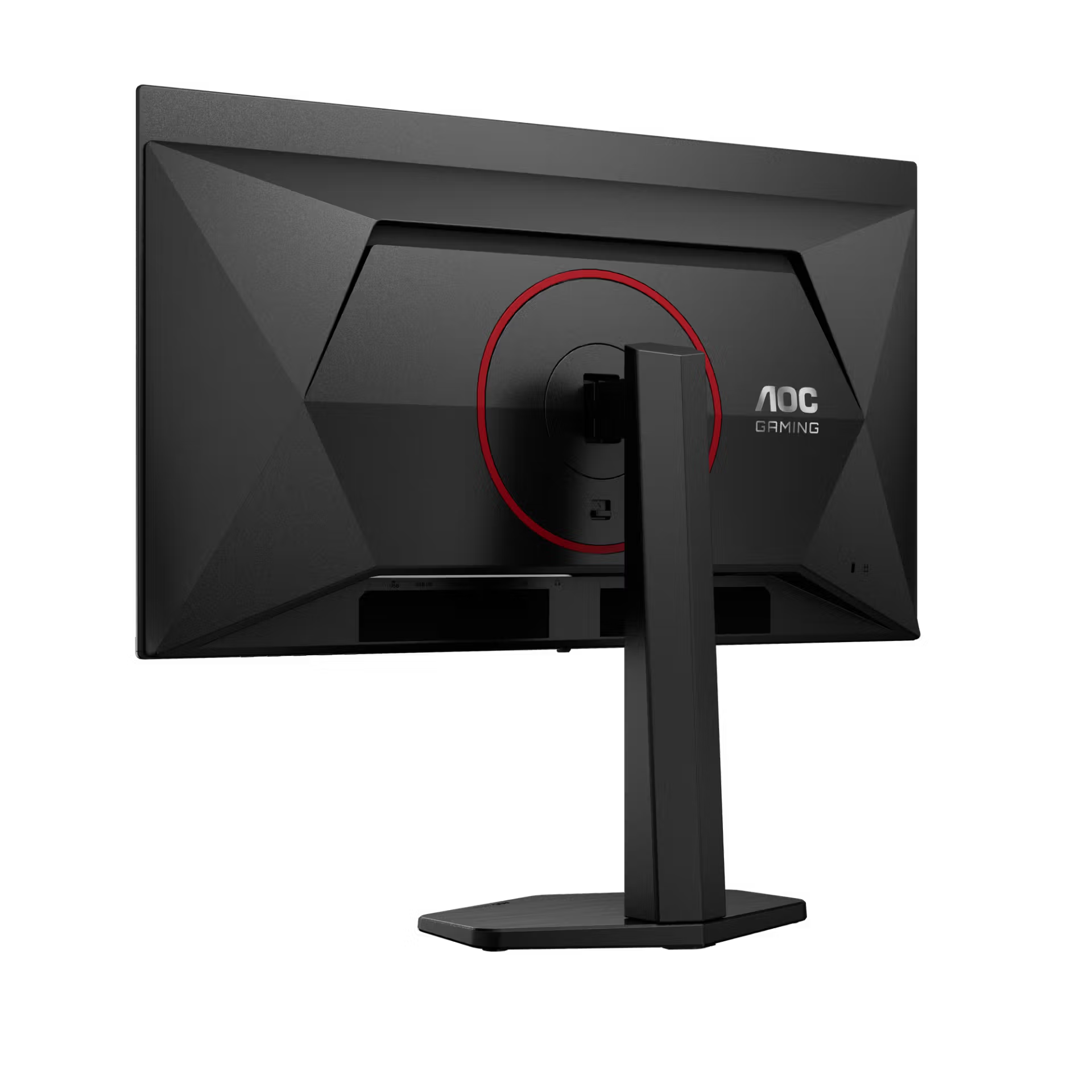 Egy fekete AOC Gaming monitor hátulja, piros gyűrűvel és ezüst logóval.