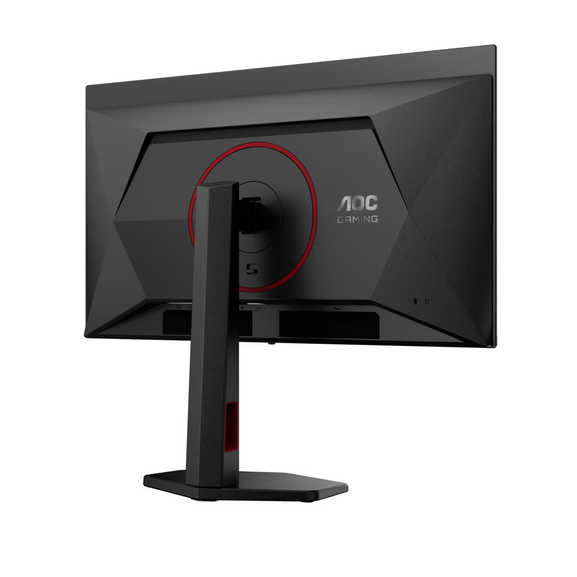 Fekete AOC Gaming monitor hátulnézete, piros díszítéssel és állvánnyal.