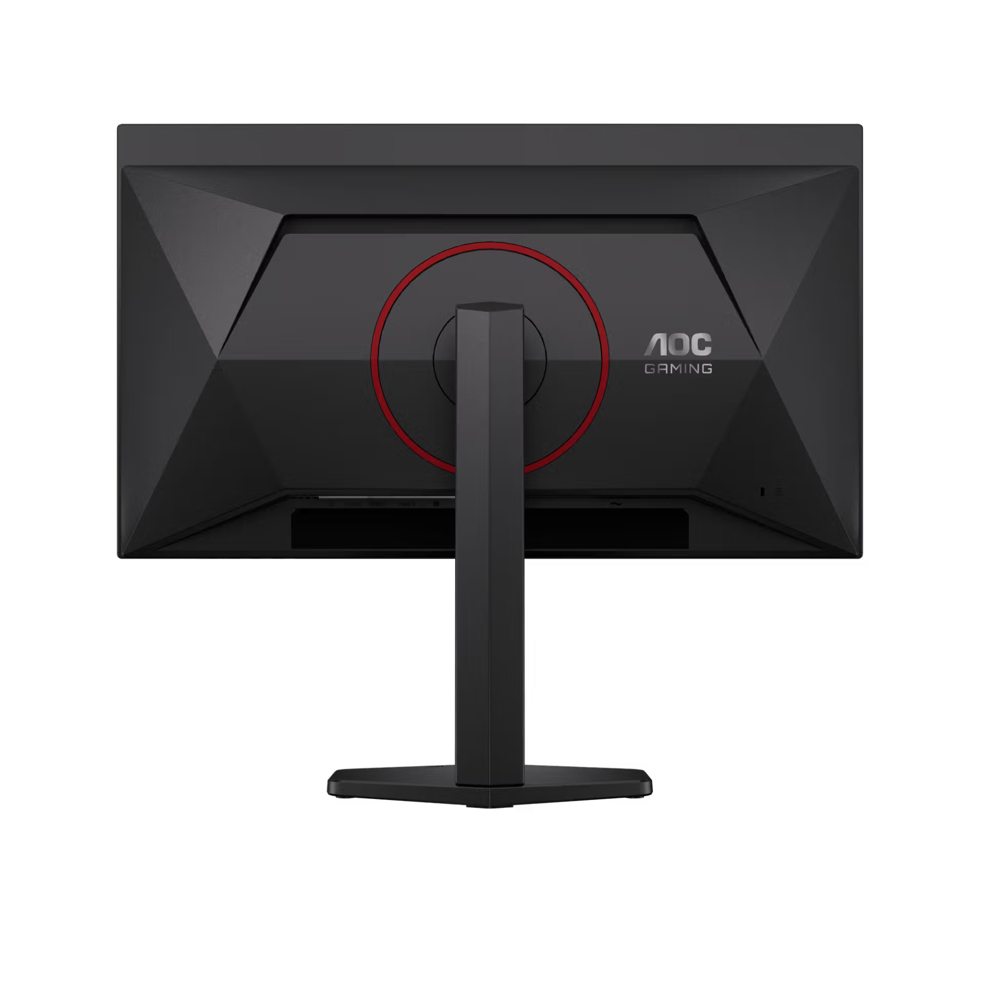 Egy fekete AOC gamer monitor hátulnézete, piros körrel és ezüst állvánnyal.