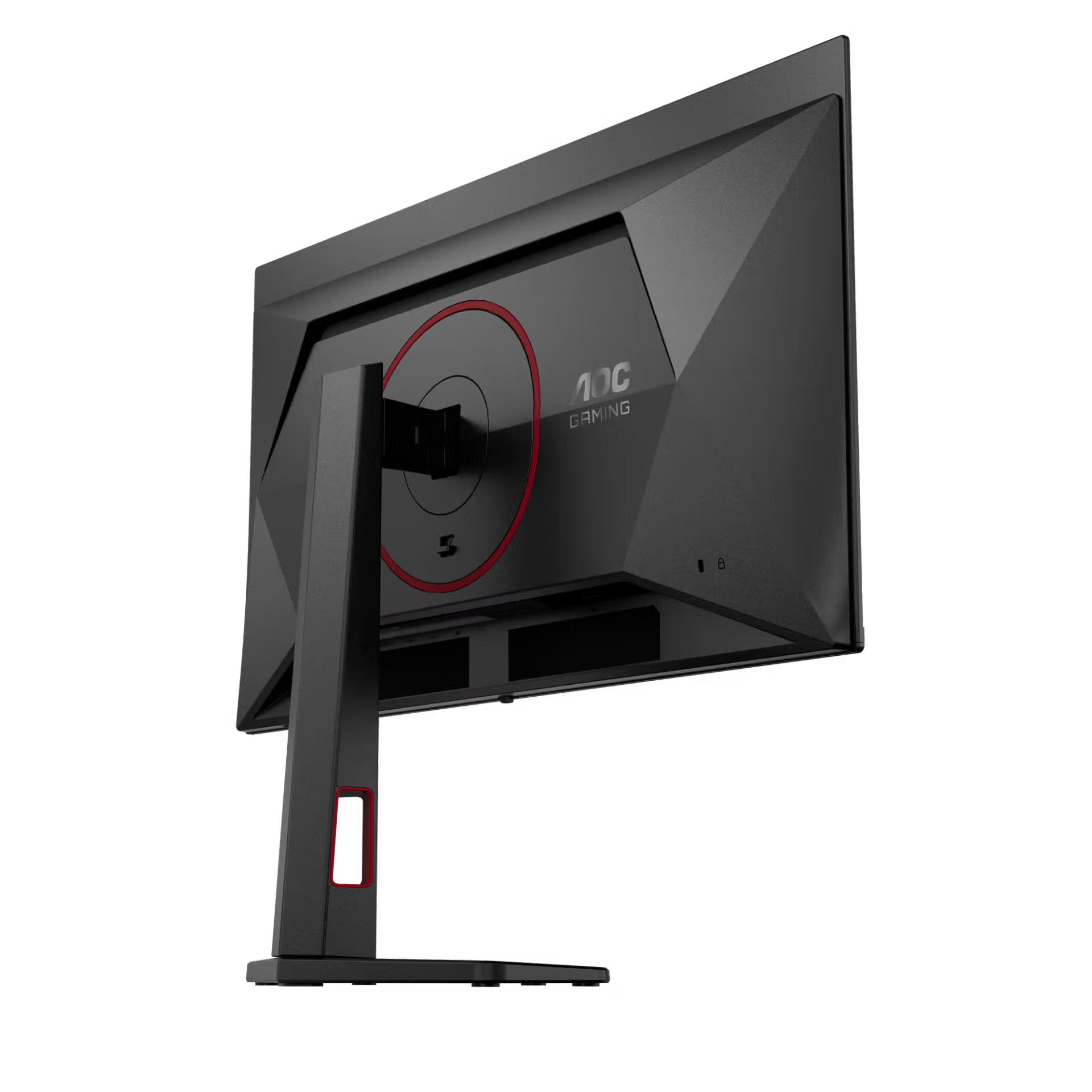 Fekete AOC gamer monitor hátulnézete, piros gyűrűvel és logóval.